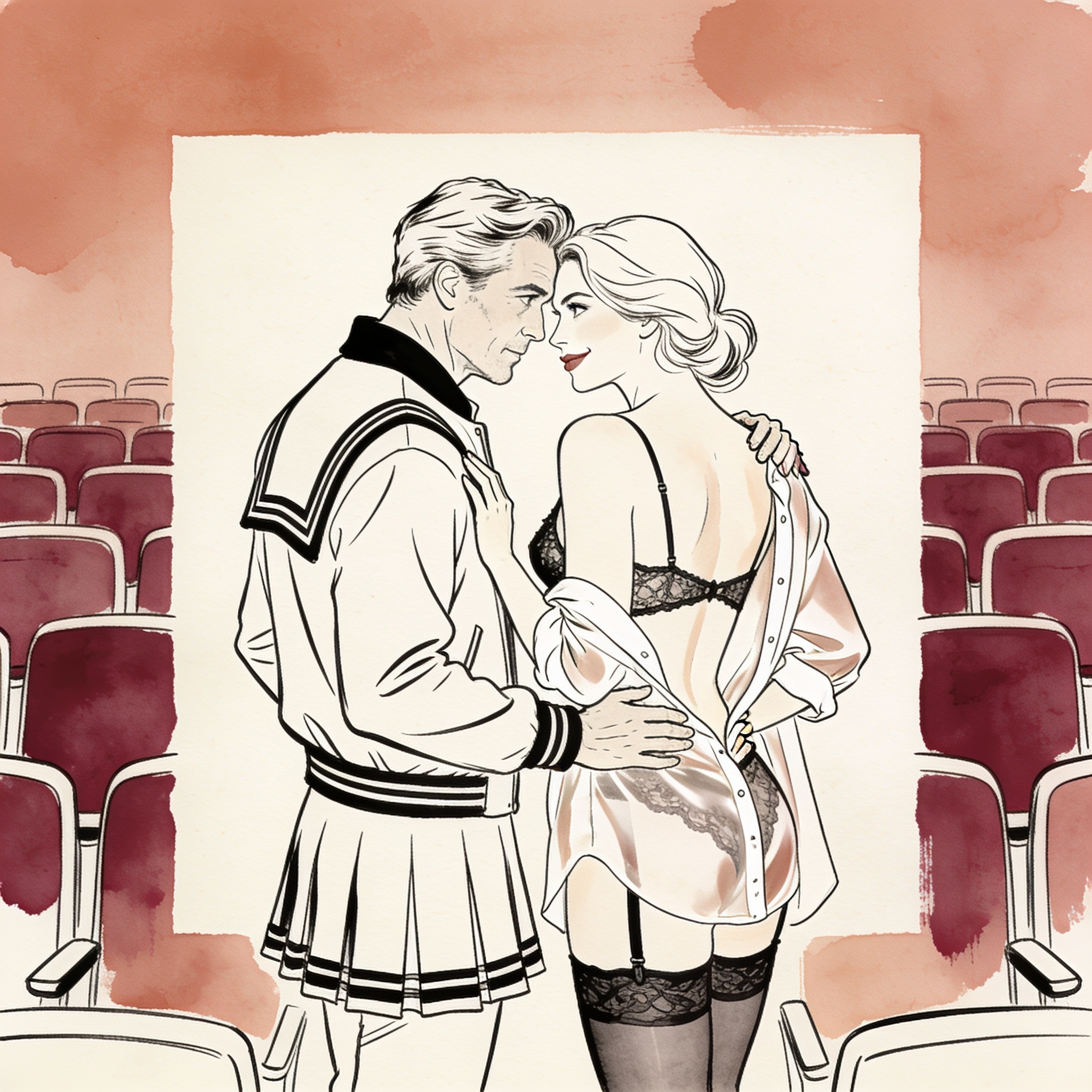 A cheerlander shares a charged gaze with her flushed admirer across a lecture hall.