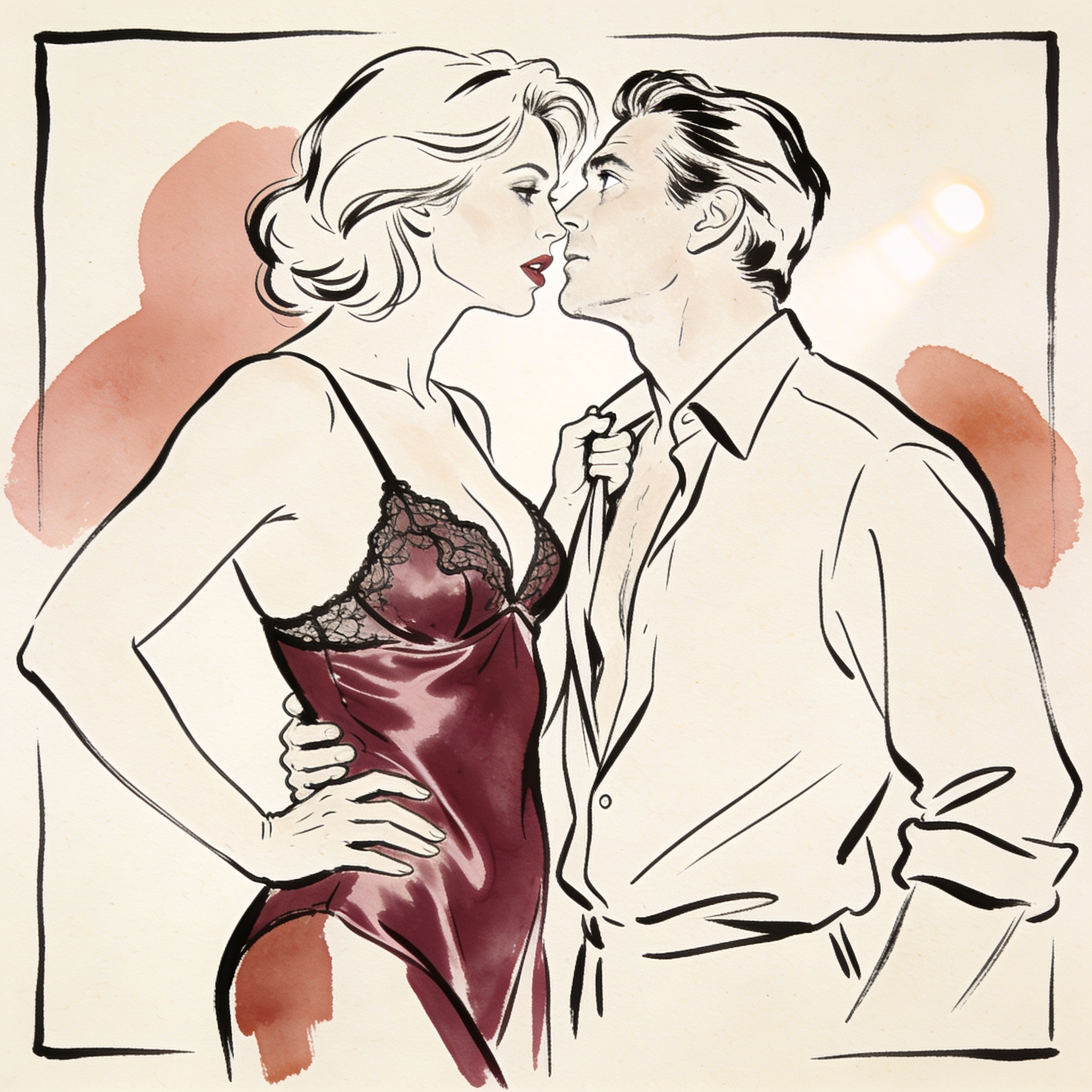 A woman tugs her partner's shirt, their faces close in a vintage theater's dim light.