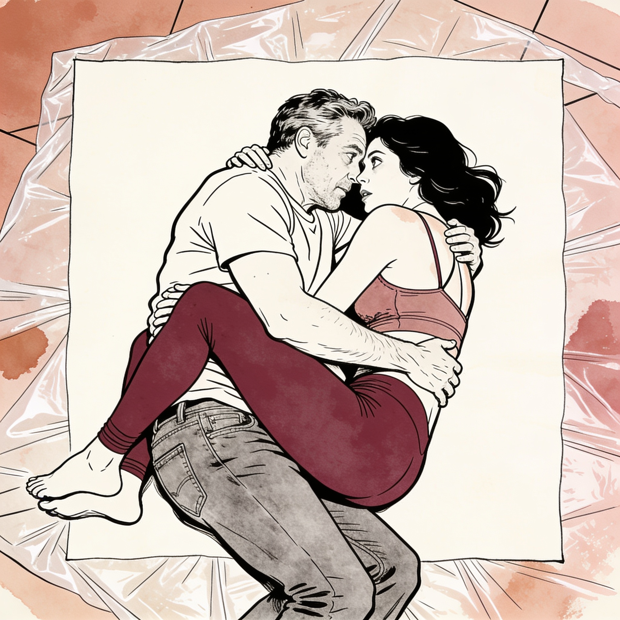 A couple entangled on the floor, bodies pressed together with intense longing.