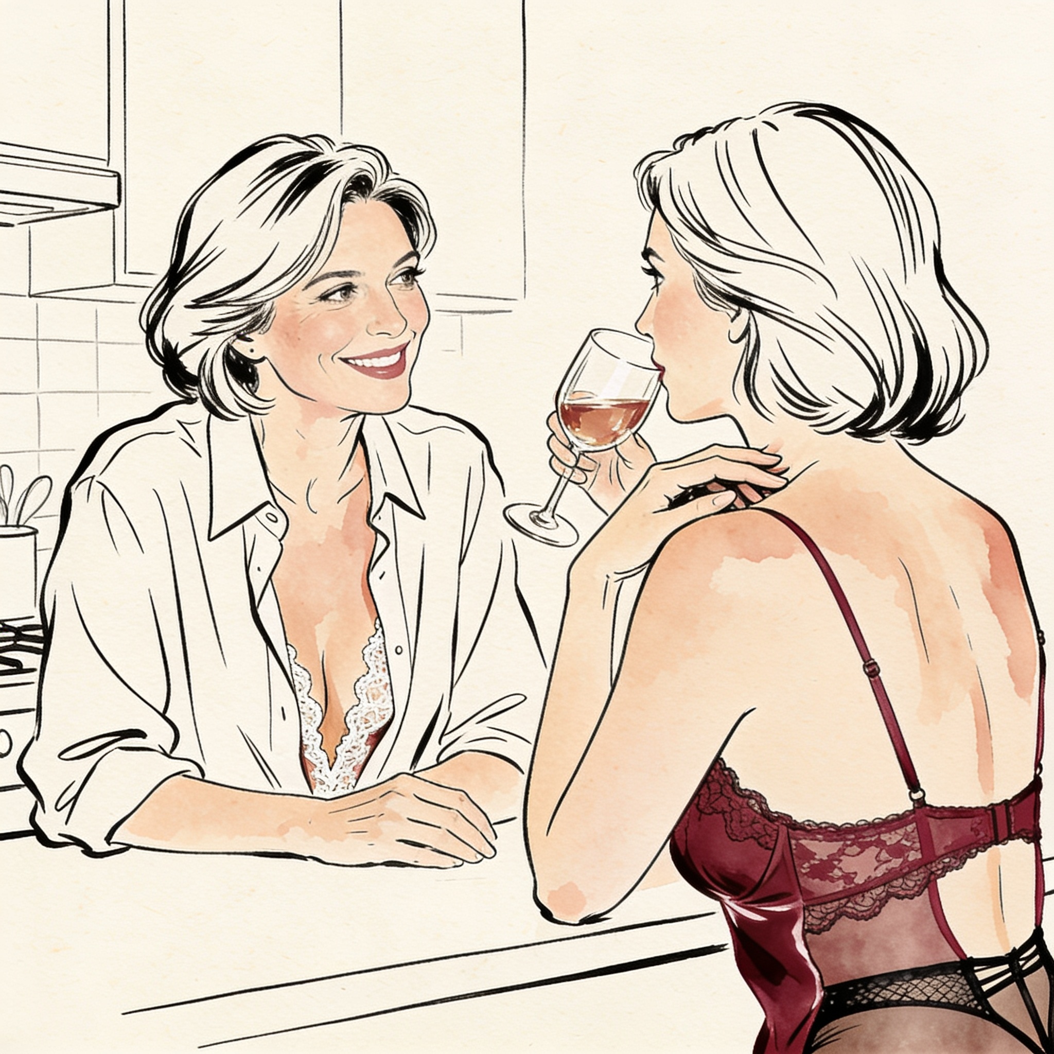 Mother and daughter share a charged, silent look across a kitchen counter.