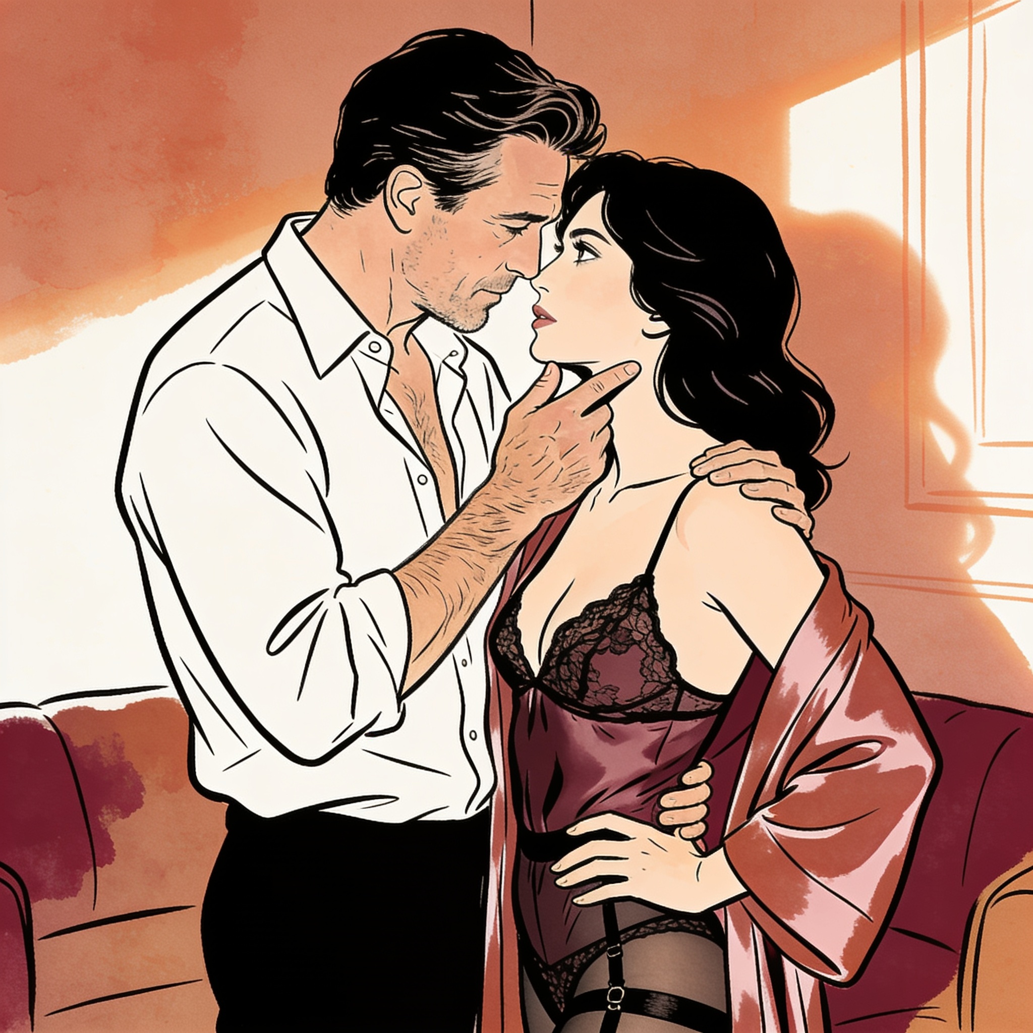 A man guides a woman's face, her silk robe falling from her shoulder in low light.