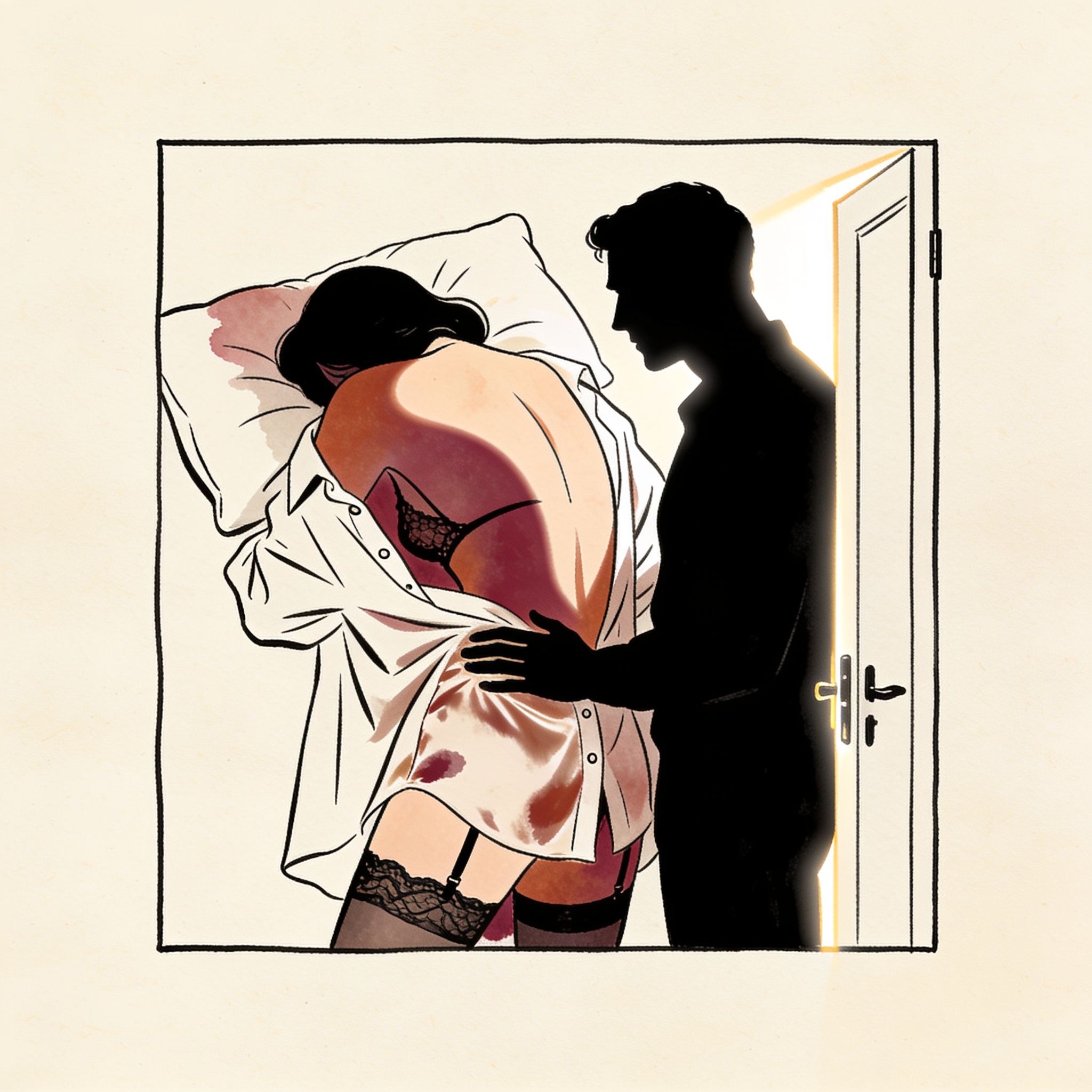 A man watches from a dark hallway as his roommate arches her back in an unbuttoned shirt.