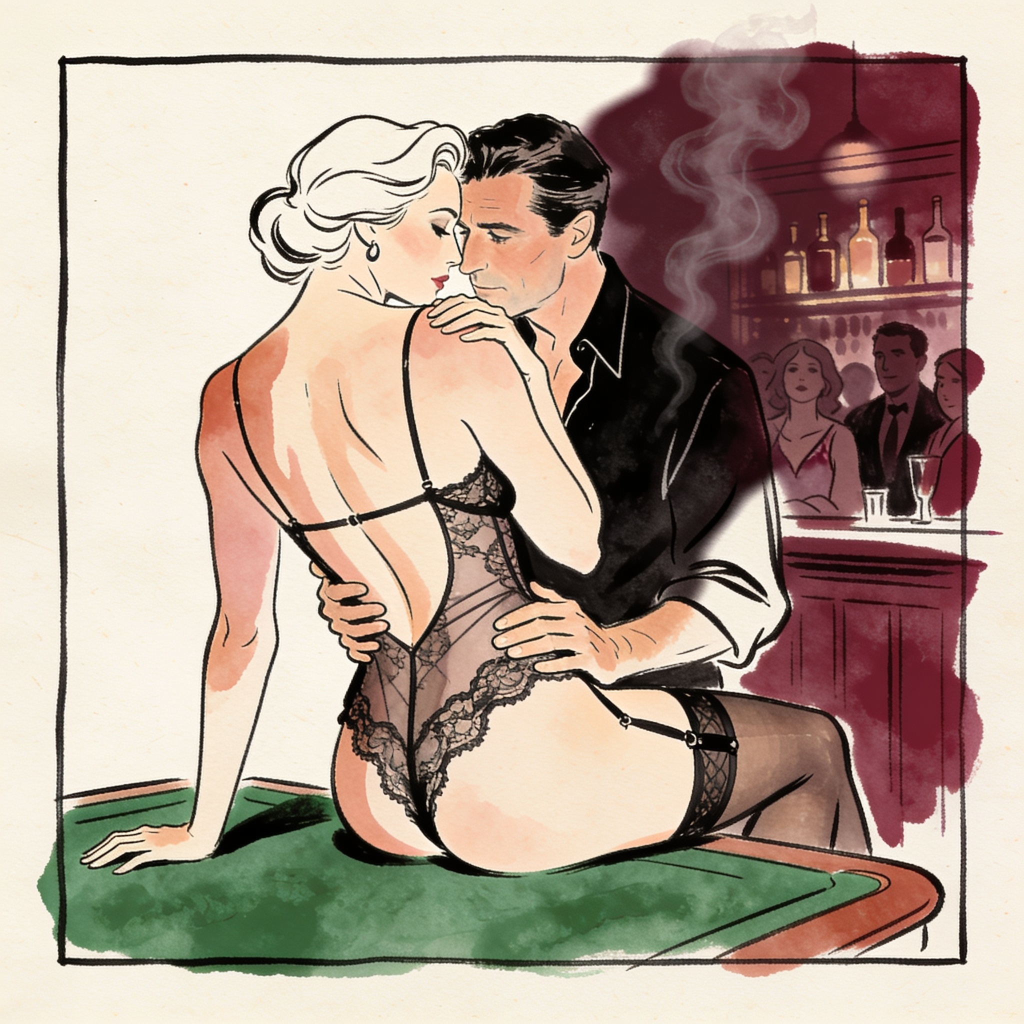 Woman in sheer dress arches over a pool table, watched by shadowy figures and a man at ...