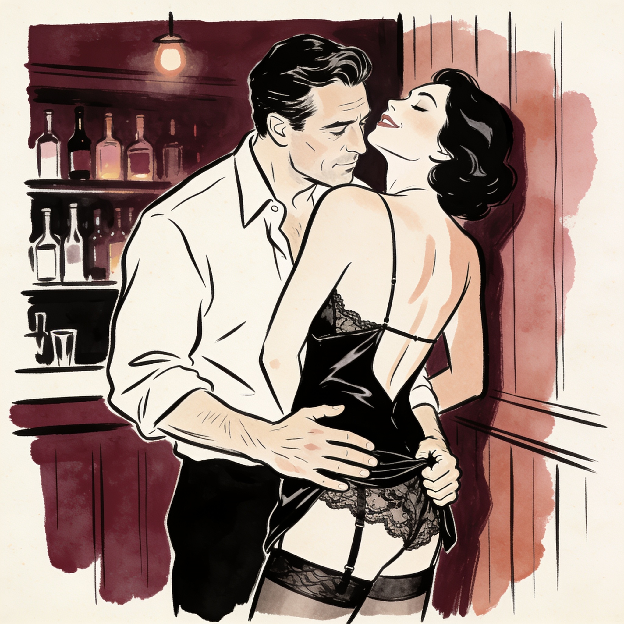 A couple embraces intimately against a bar wall, her back to his chest, his hand on her...