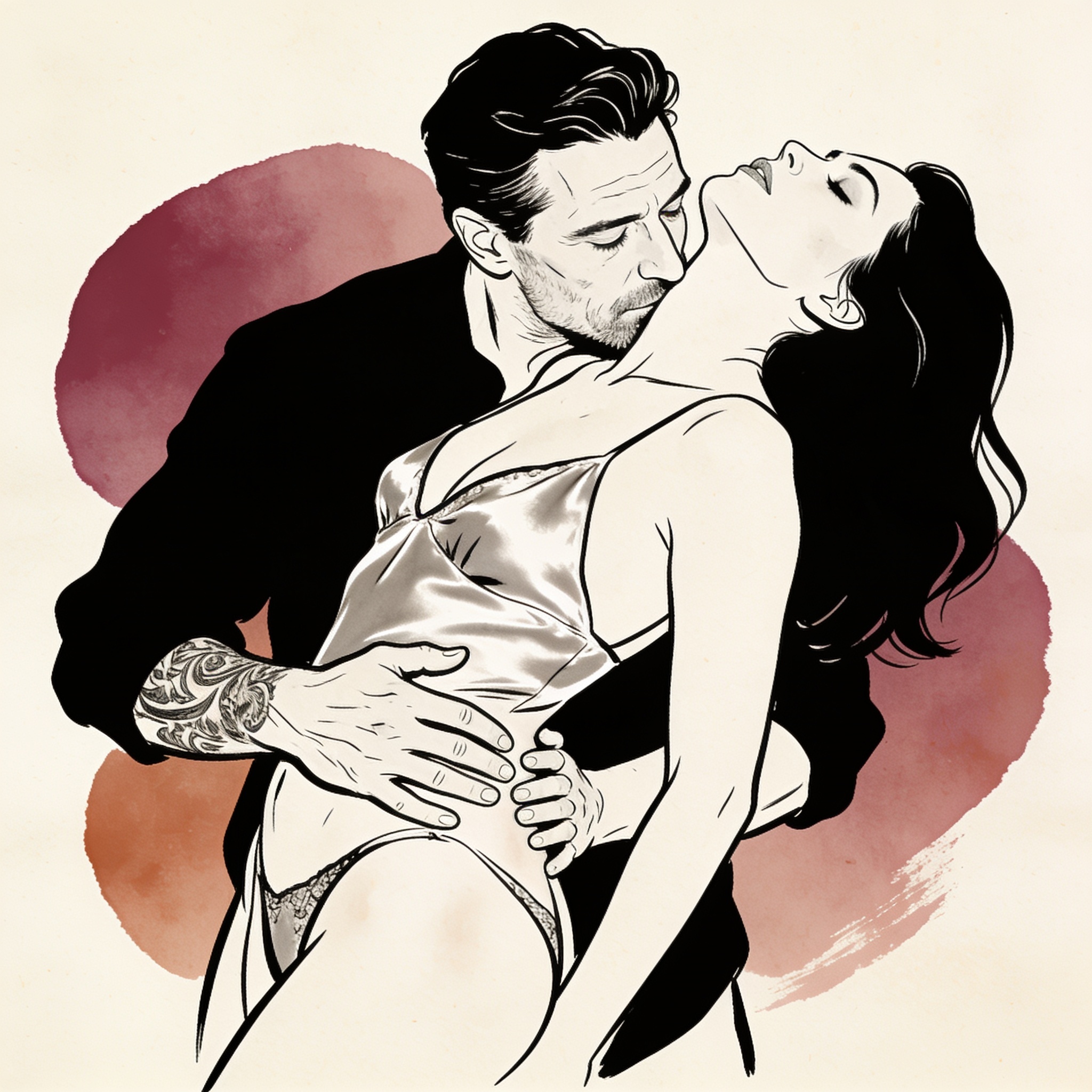A woman leans into a tattooed man's embrace, his hand on her bare hip, both in dim ambe...