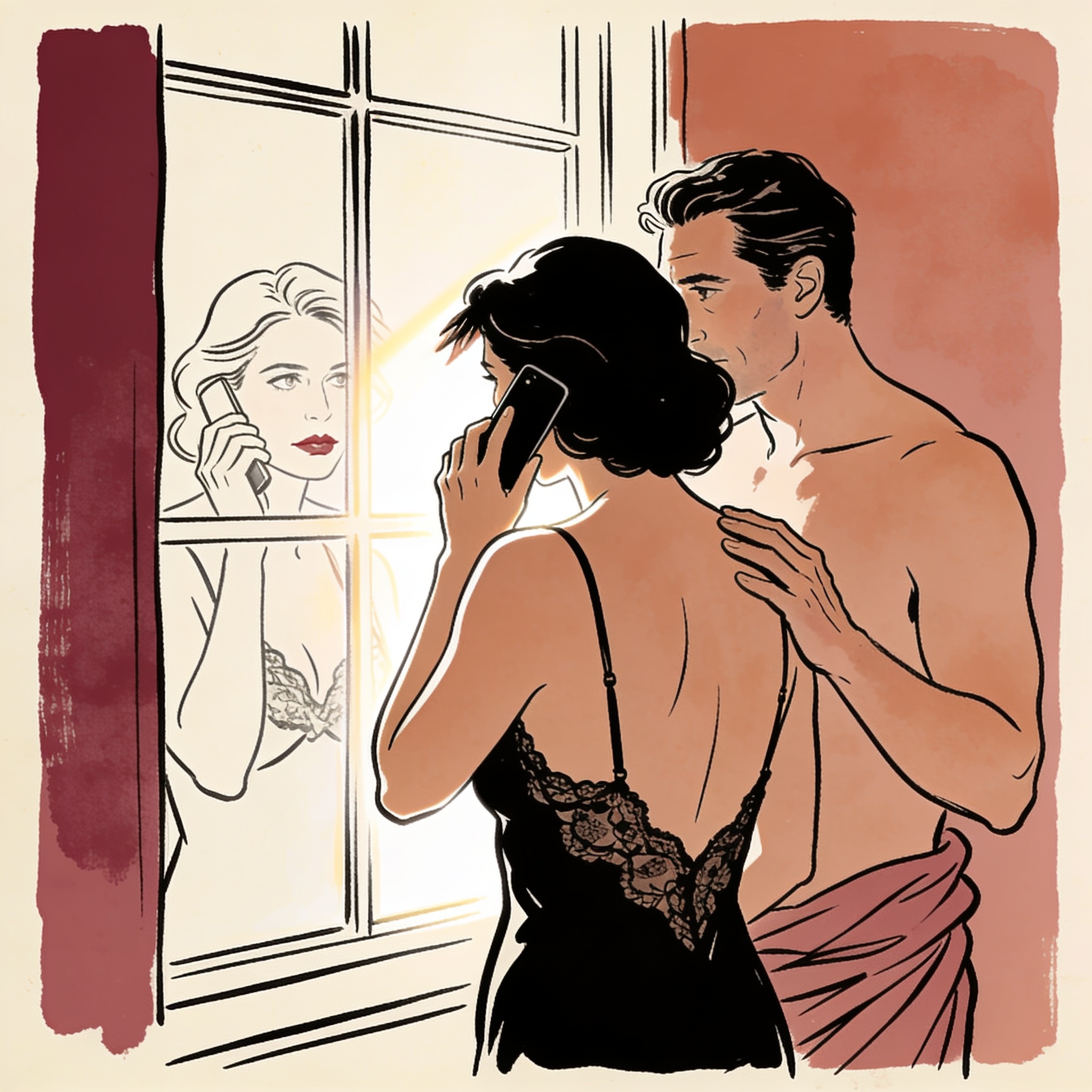 A woman leans against a window, a man's hand on her shoulder.