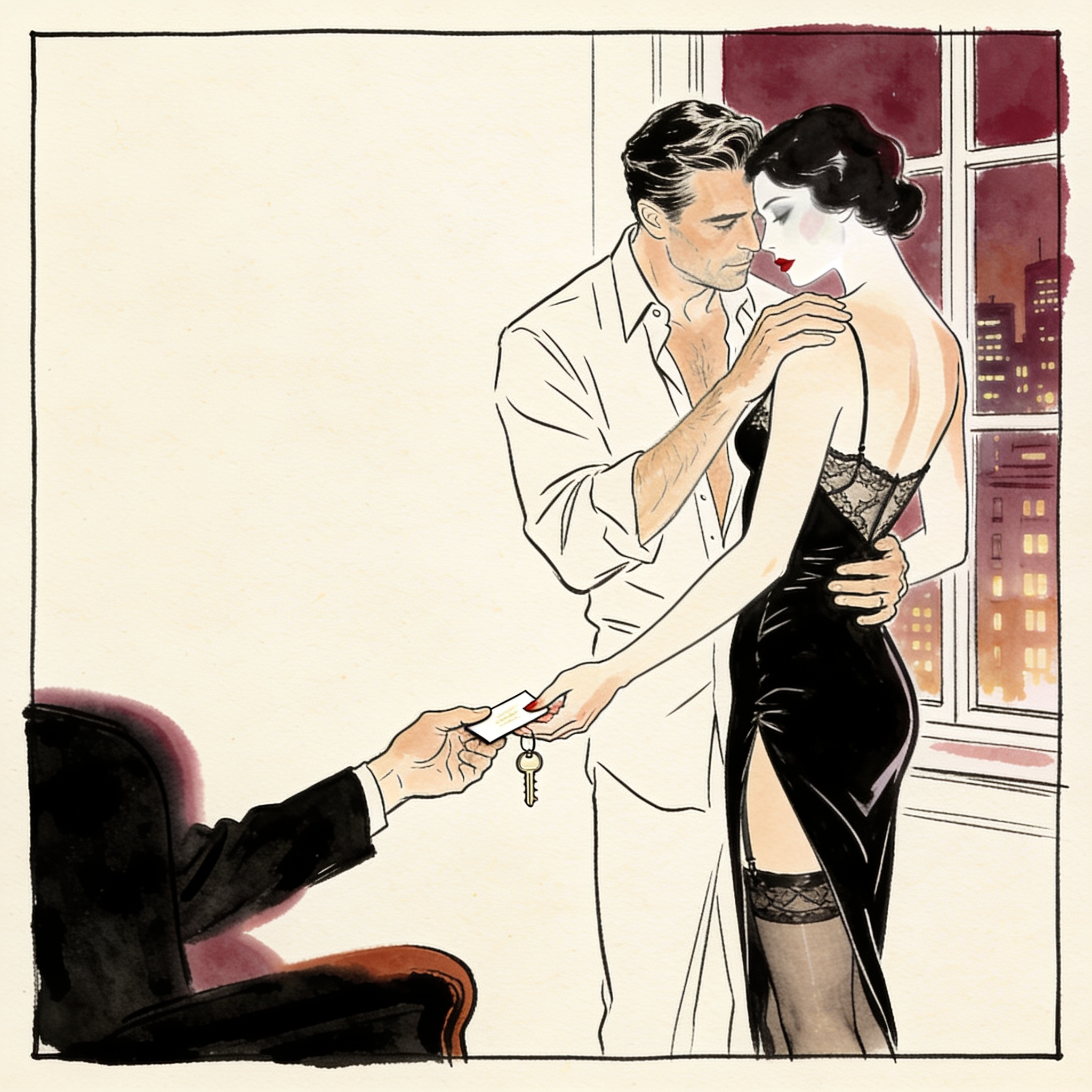 A woman in a little black dress receives a keycard in a hotel suite at night, her refle...