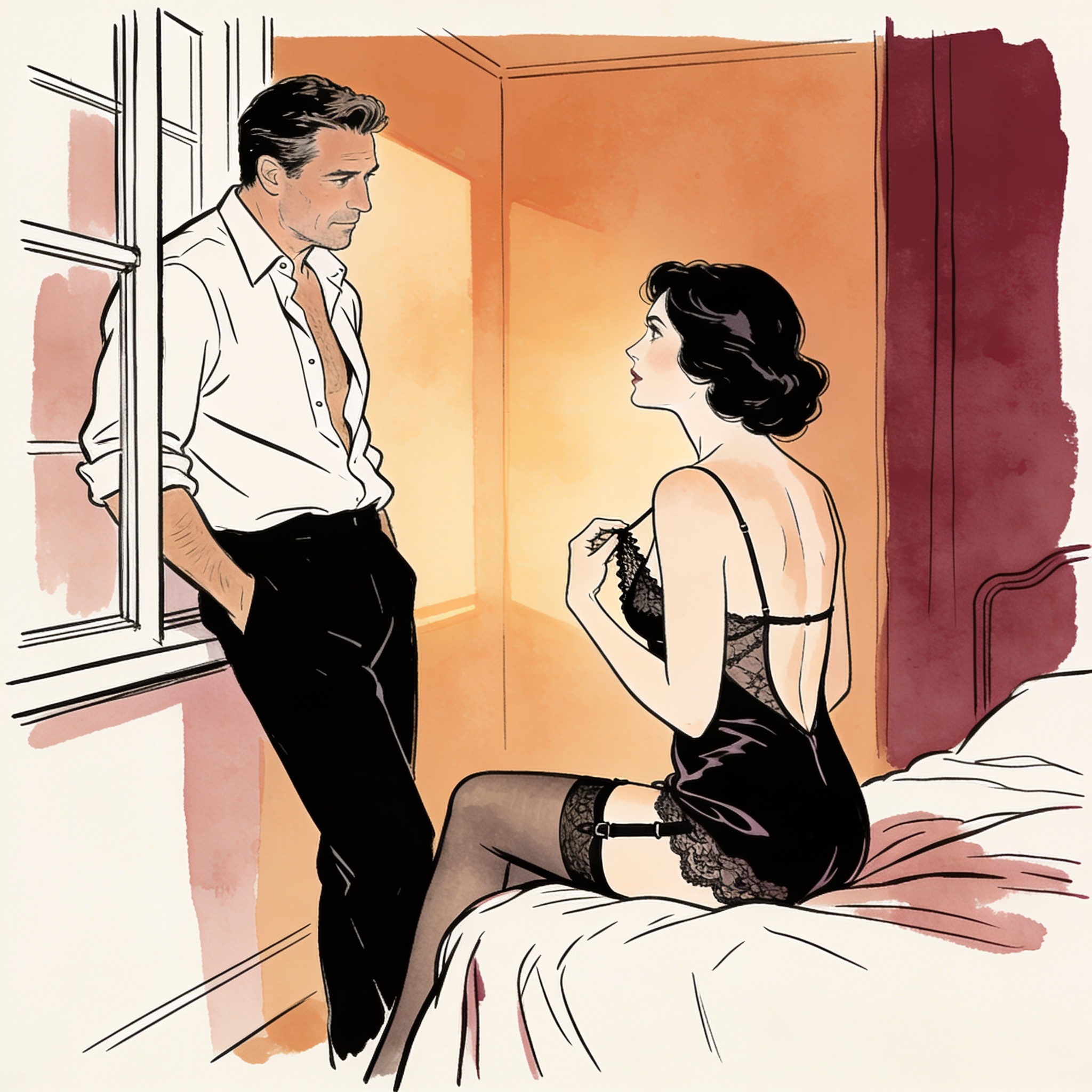 A man and woman exchange a charged gaze in a lamplit bedroom, tension palpable between ...