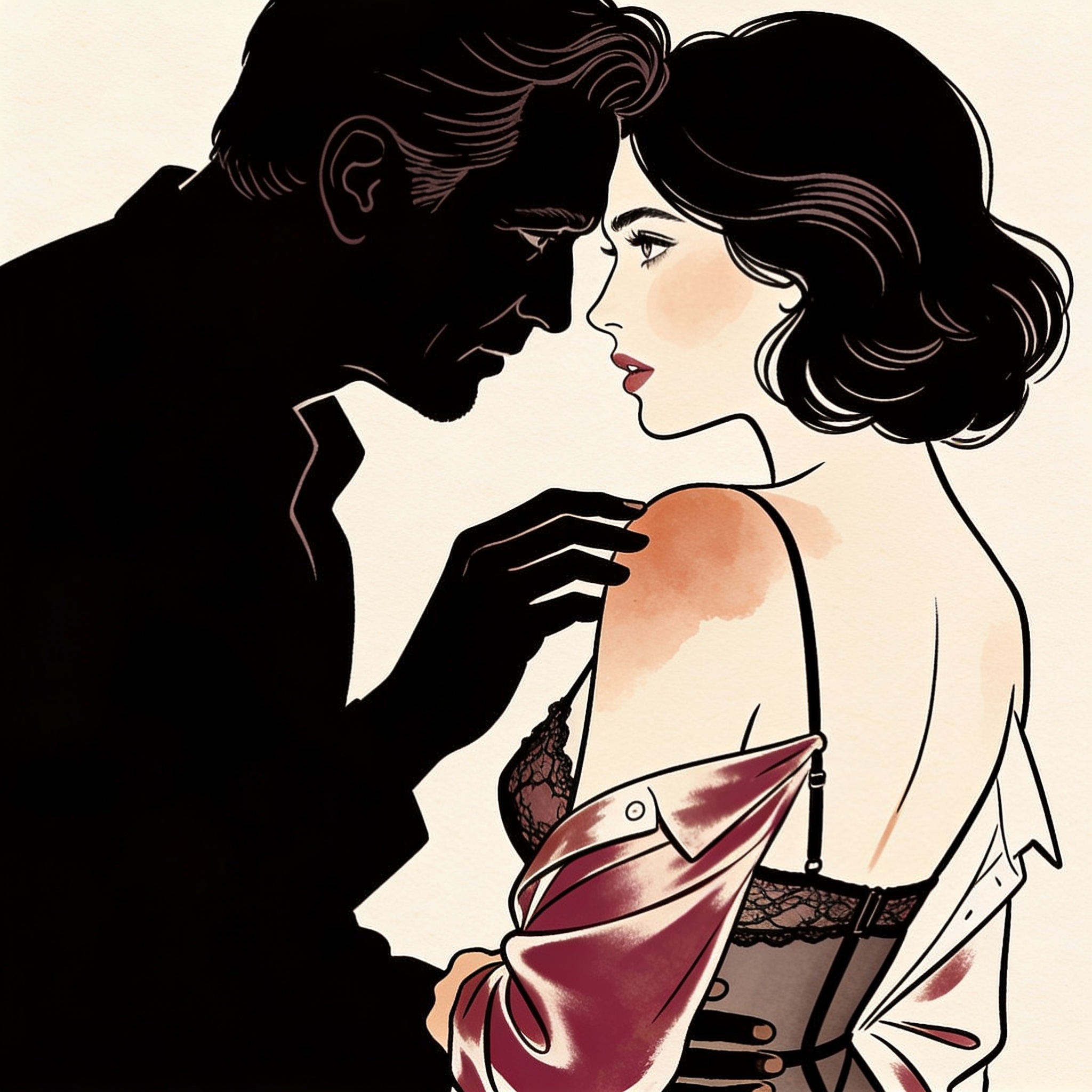 Couple in candlelight, close, intimate gaze, silk strap fallen from shoulder.