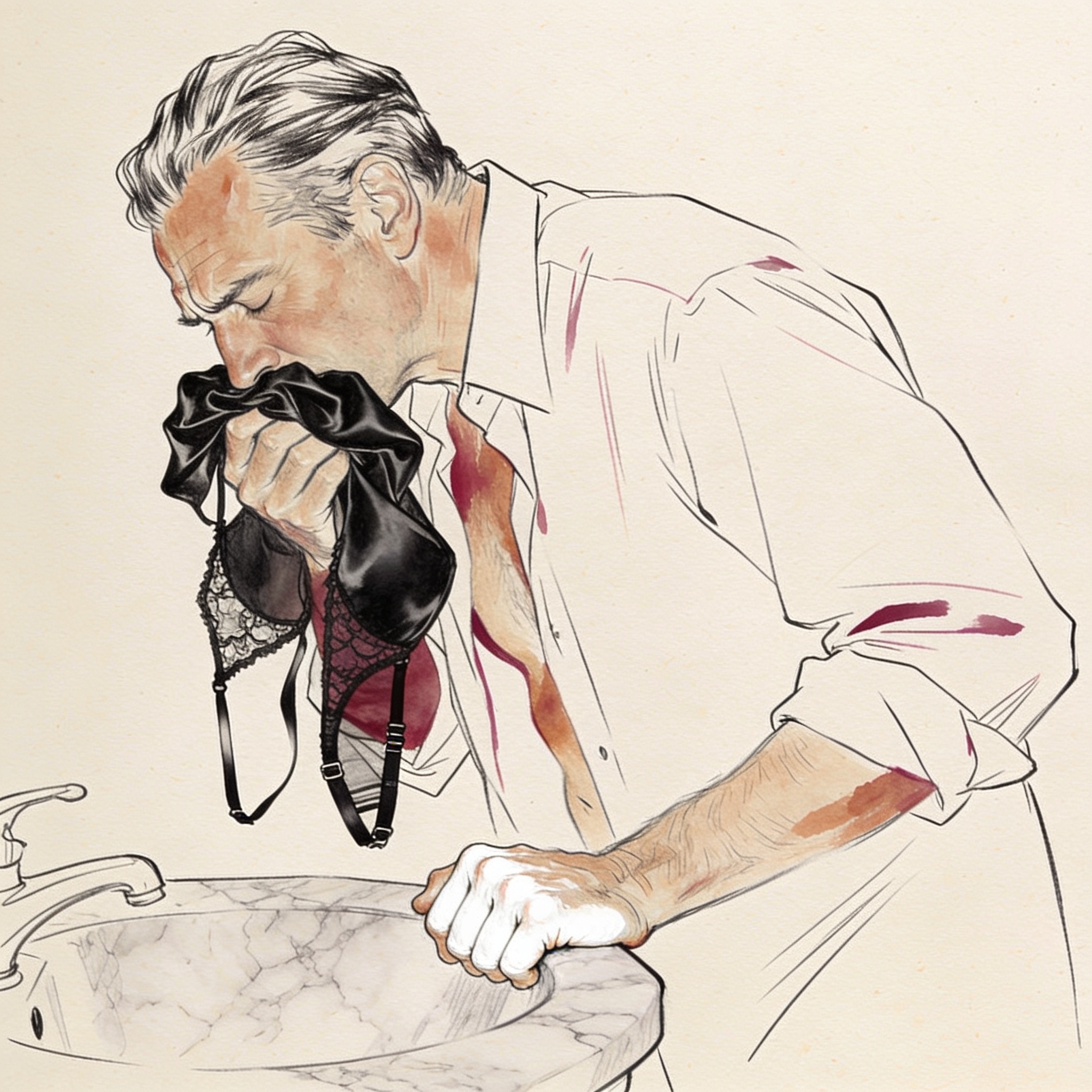 A man breathes in a piece of crumpled black silk lingerie in a dim bathroom.