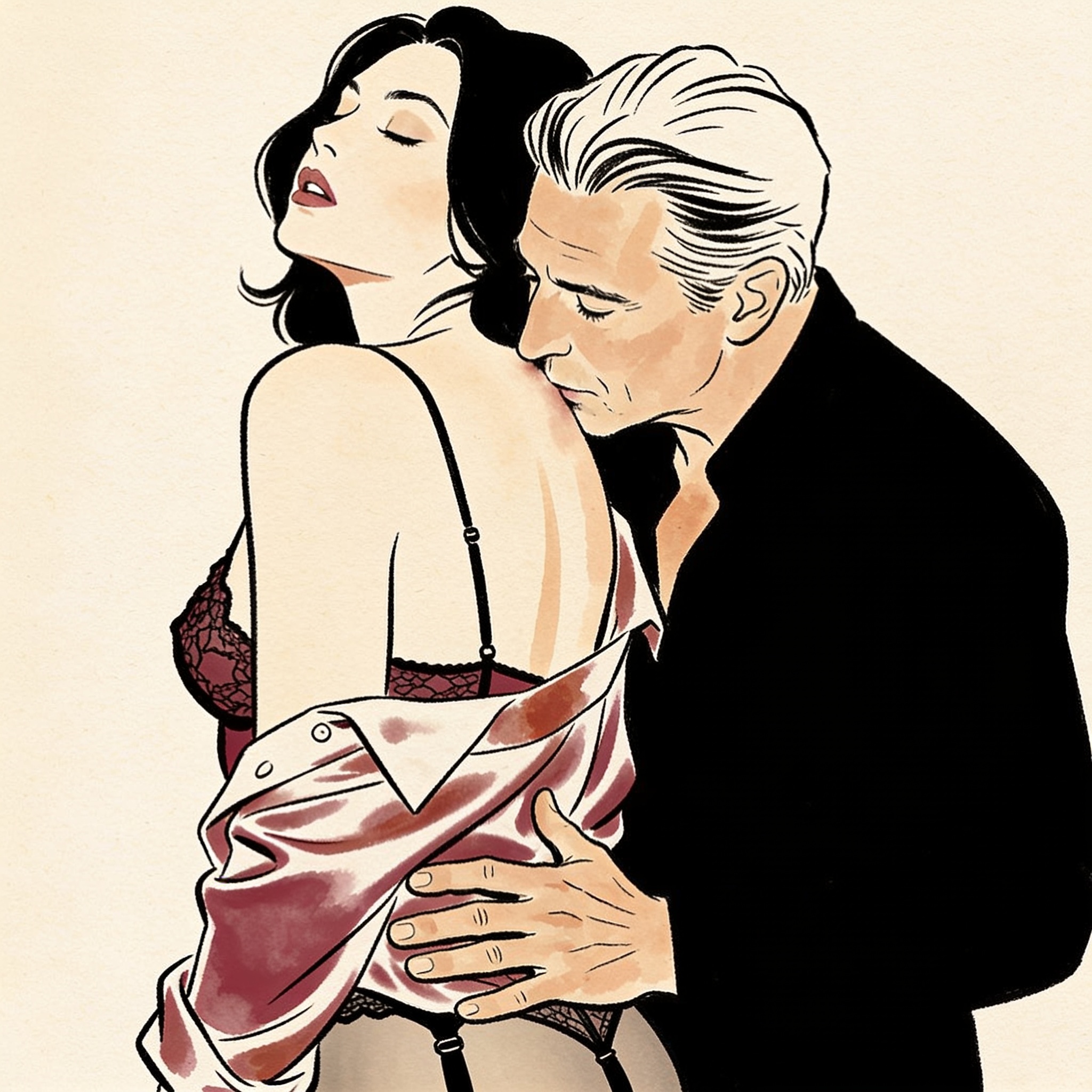 A man's hand on a woman's back as she arches in desire in a corporate lobby.