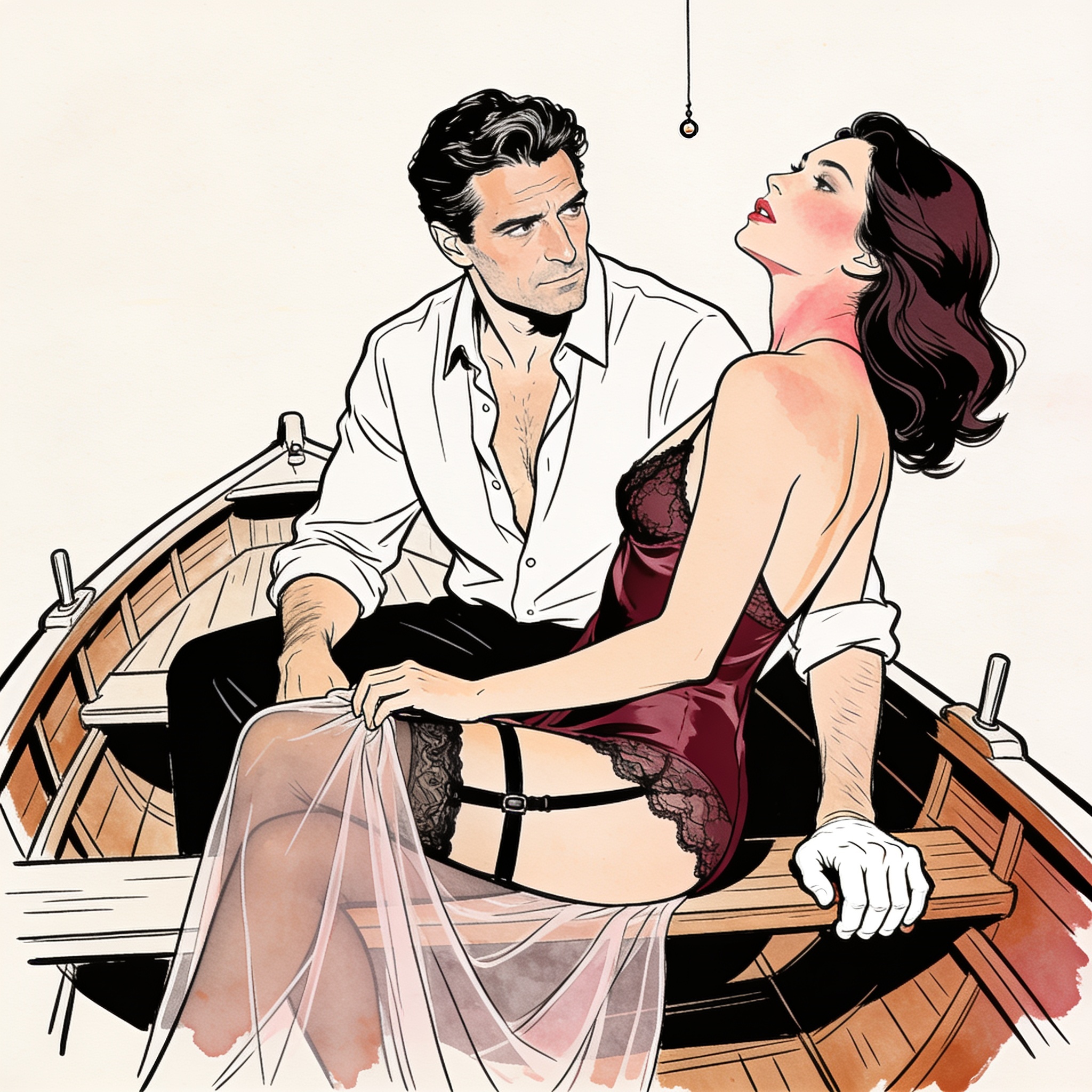 A man and woman share a tense, longing gaze in a rowboat, her hand on her thigh.