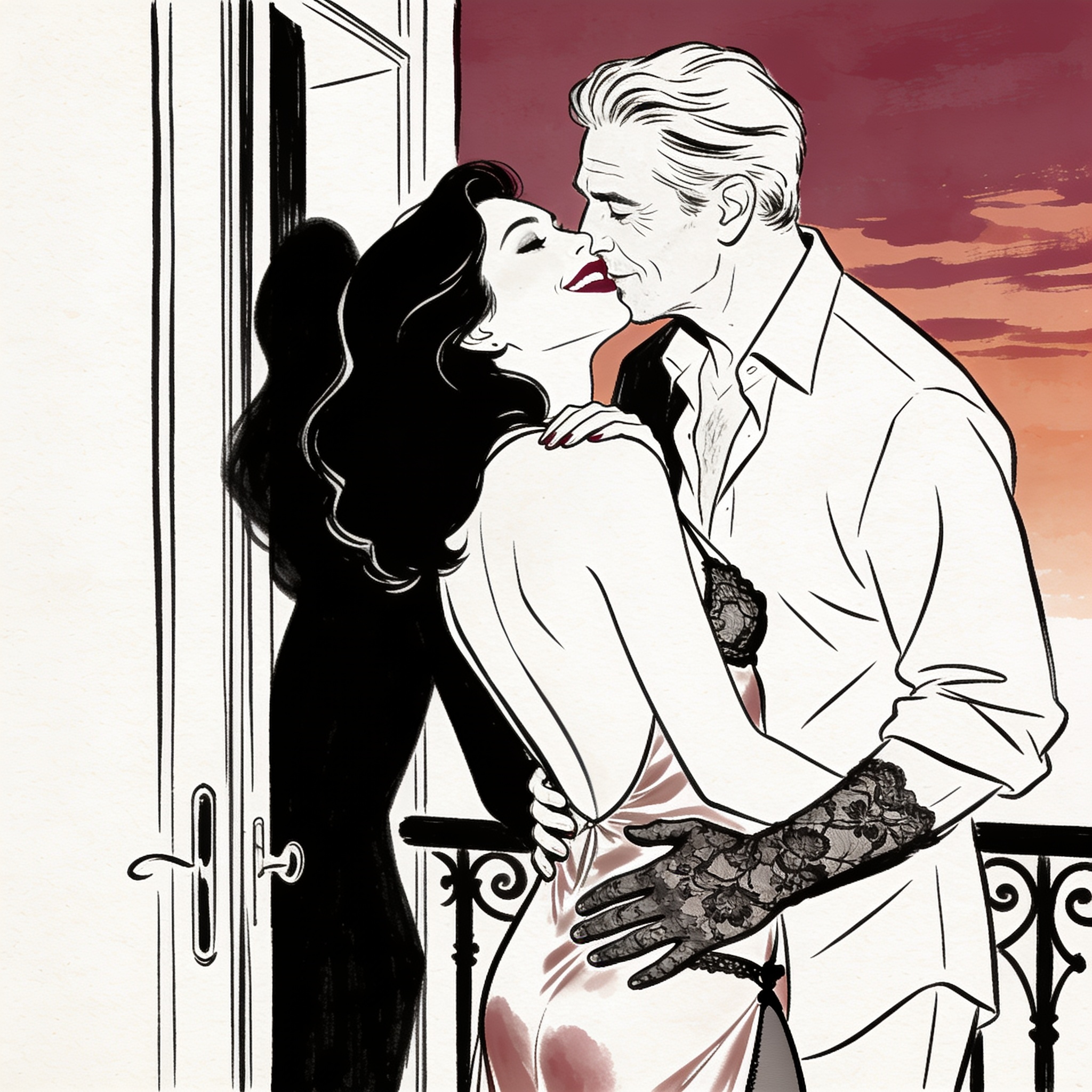 A couple in a doorway, her in a silk slip, whispering a secret as he holds her close.