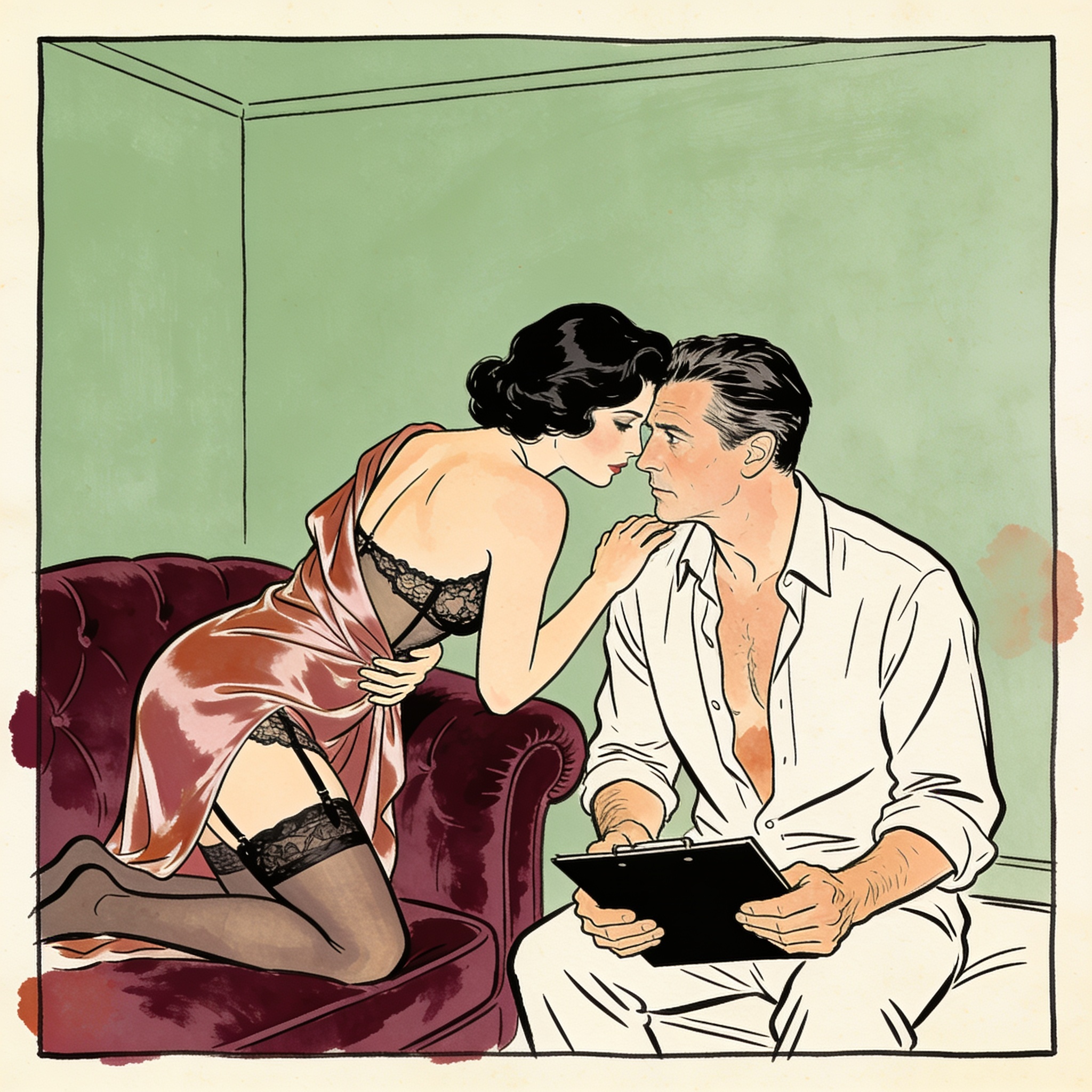 A woman's silk dress slips off her shoulder as she leans toward a tense, seated man.