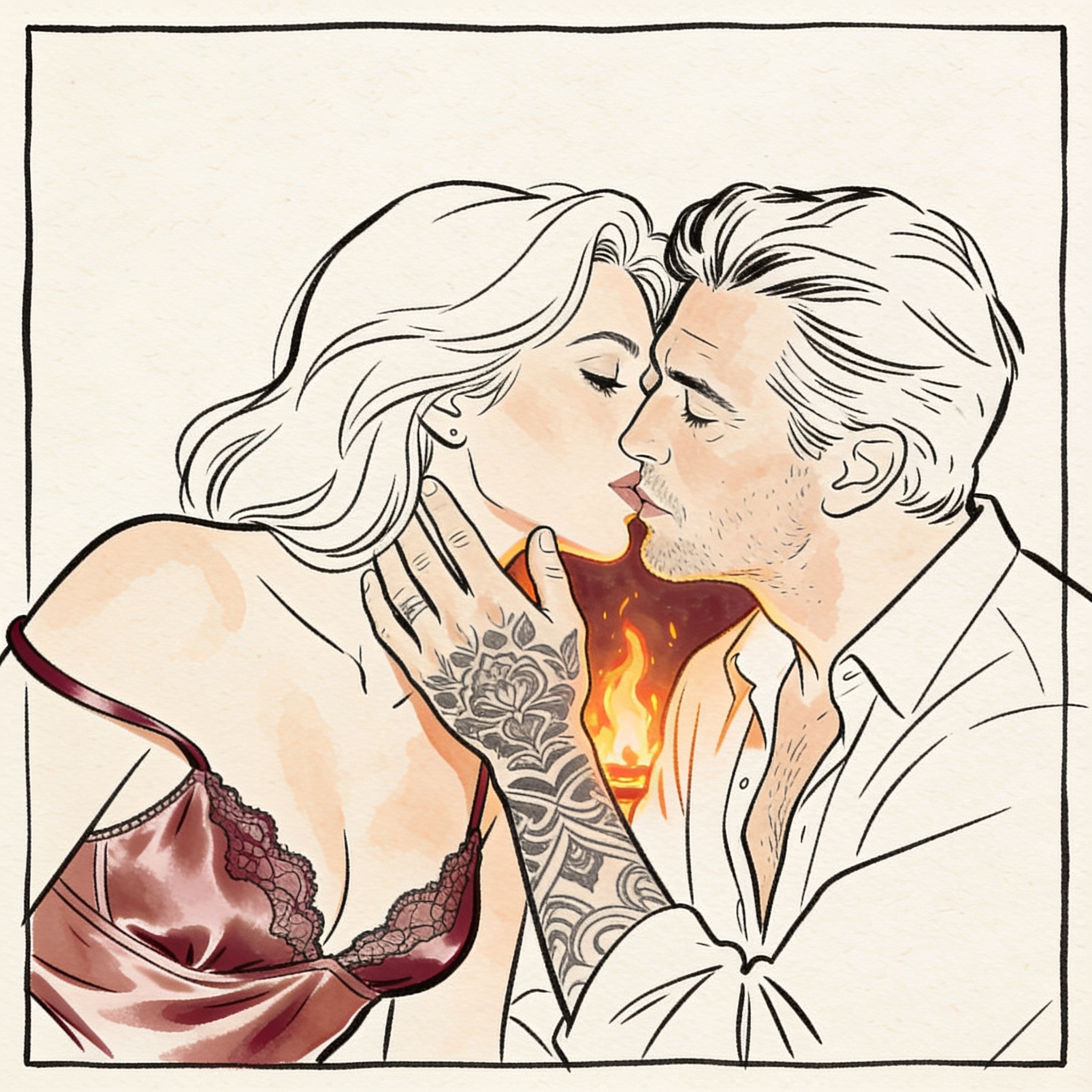 A couple's intimate moment by a campfire, foreheads touching, her silk strap fallen.