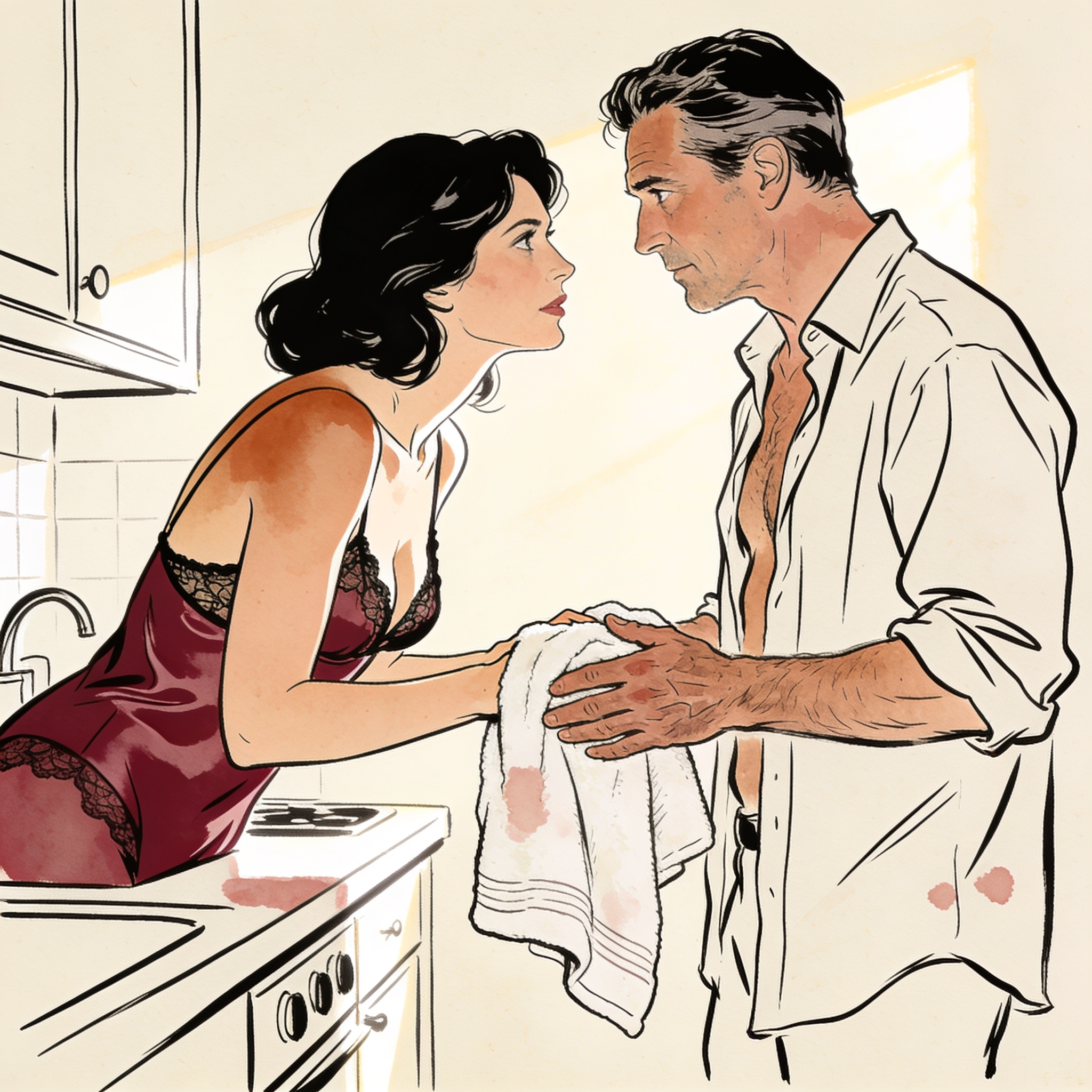 A man's hand covers a woman's as she passes a towel, their intense gaze meeting.
