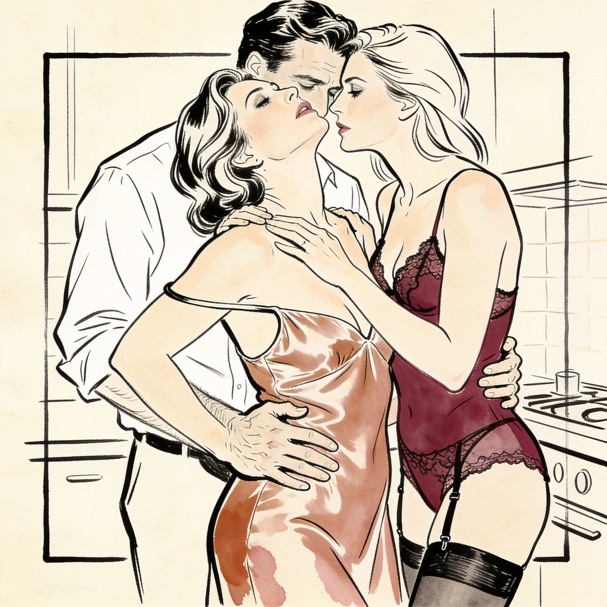 A woman in a slip held by one man as another approaches in a dim kitchen.