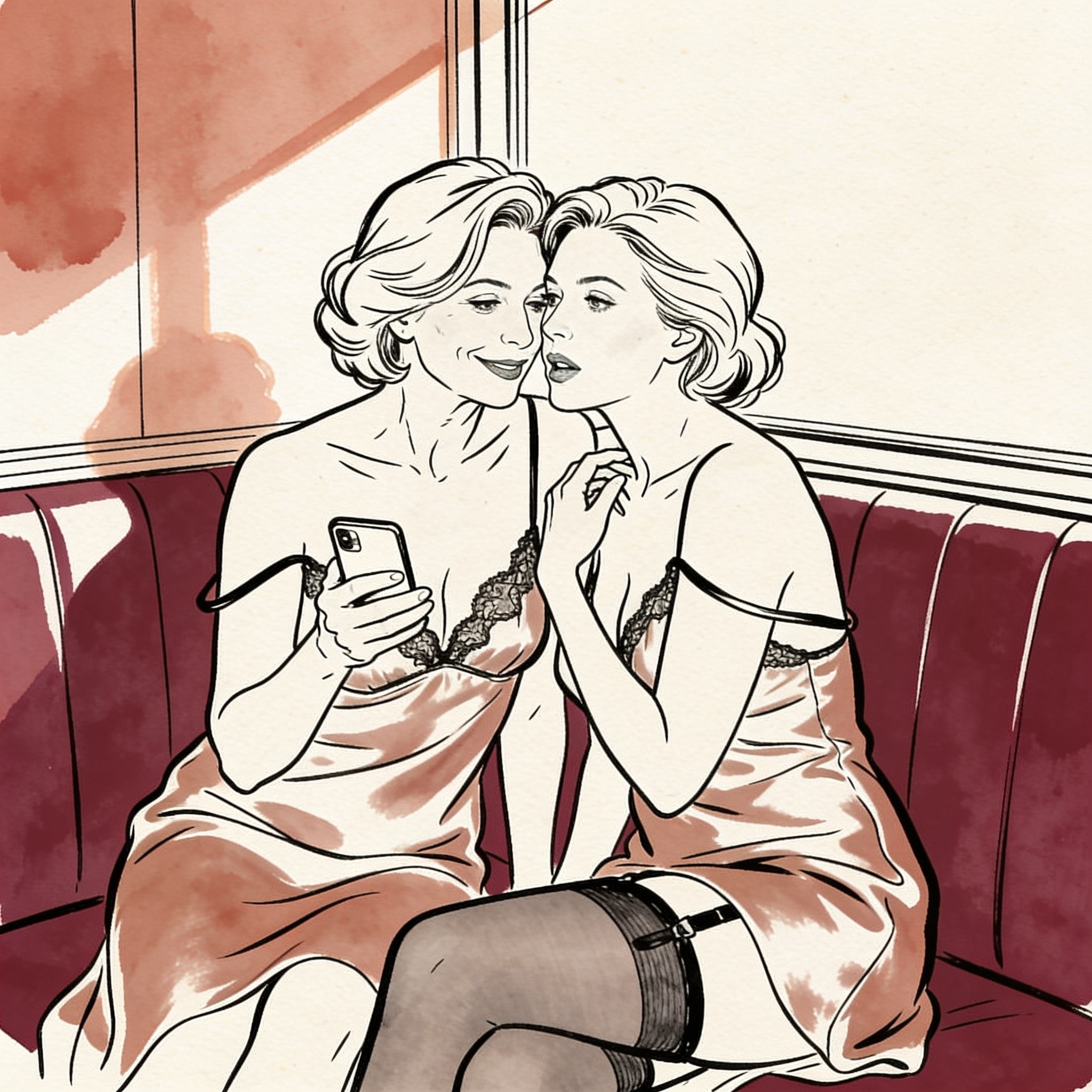 Two women in slips share a secret over a phone in a sunlit booth, one transfixed, the o...
