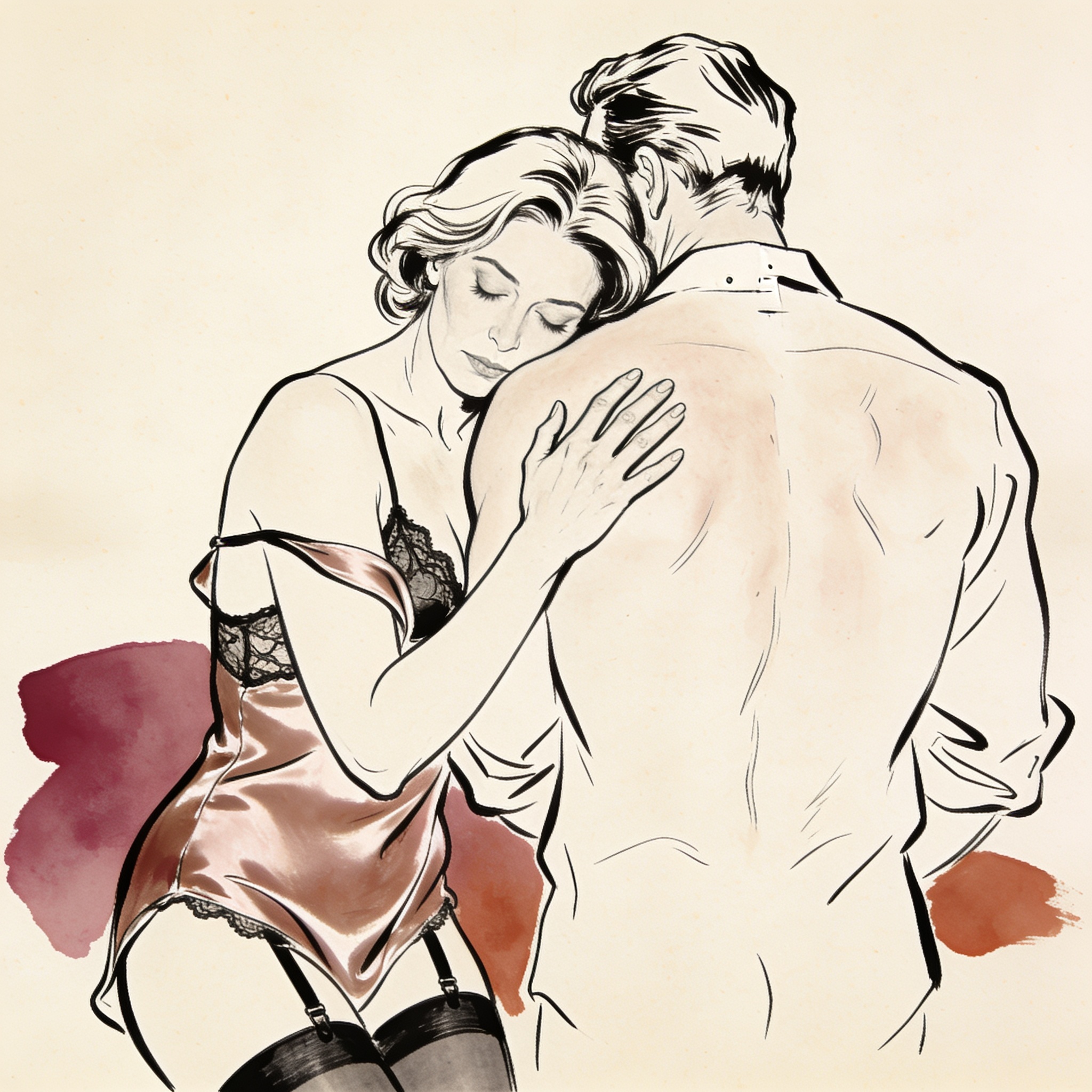 A woman in a silk negligee leans her forehead against her husband's bare back, her eyes...