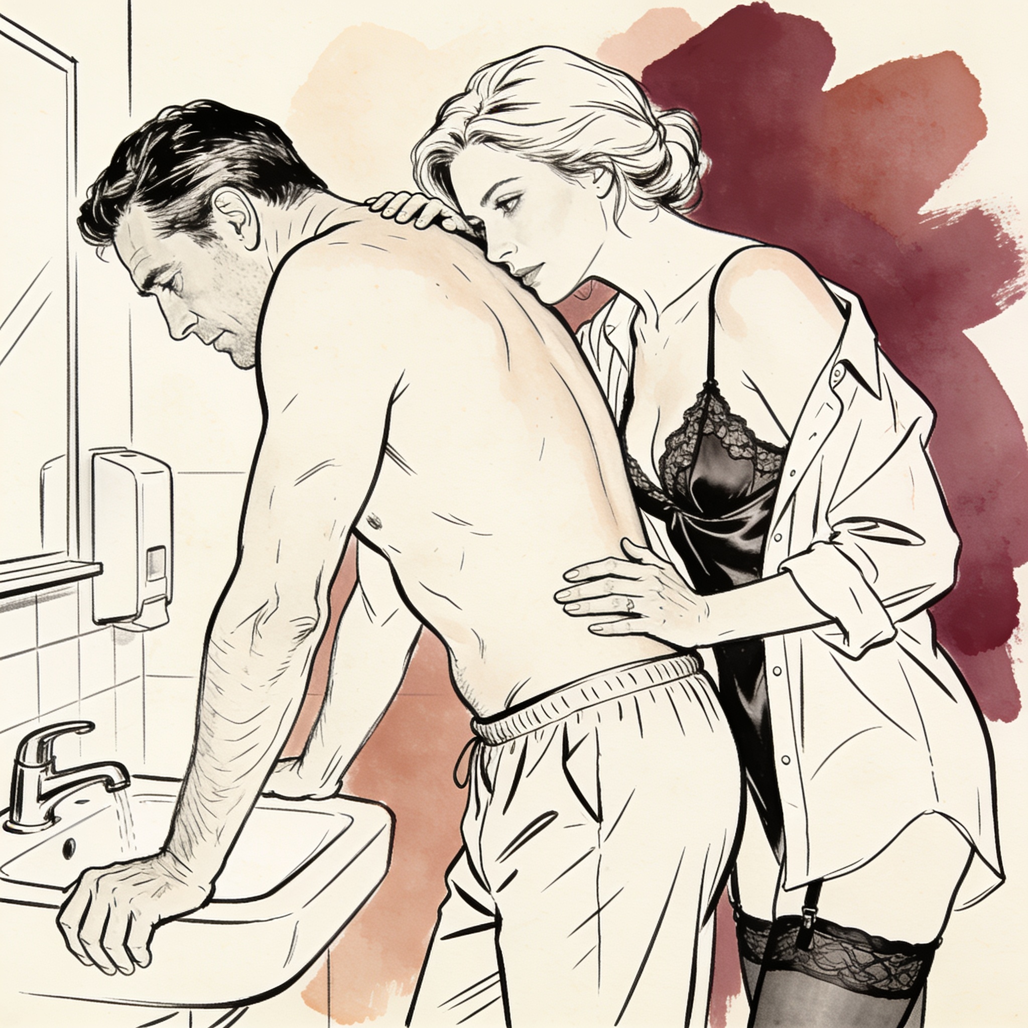 A woman in scrubs watches a male colleague from behind, her hand resting on his lower b...