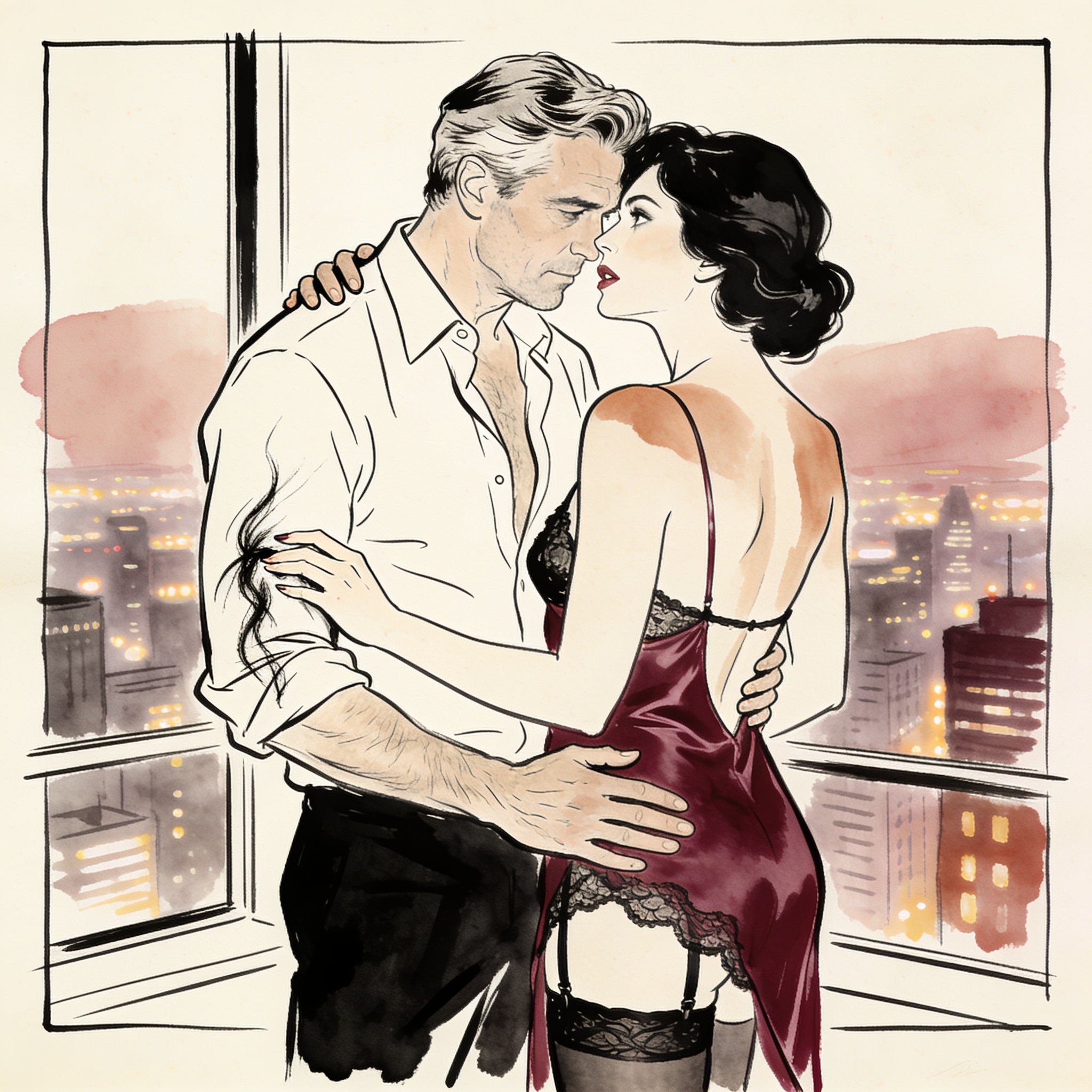 Couple close by city window, her hand on his tattooed arm, his on her back in silk slip.