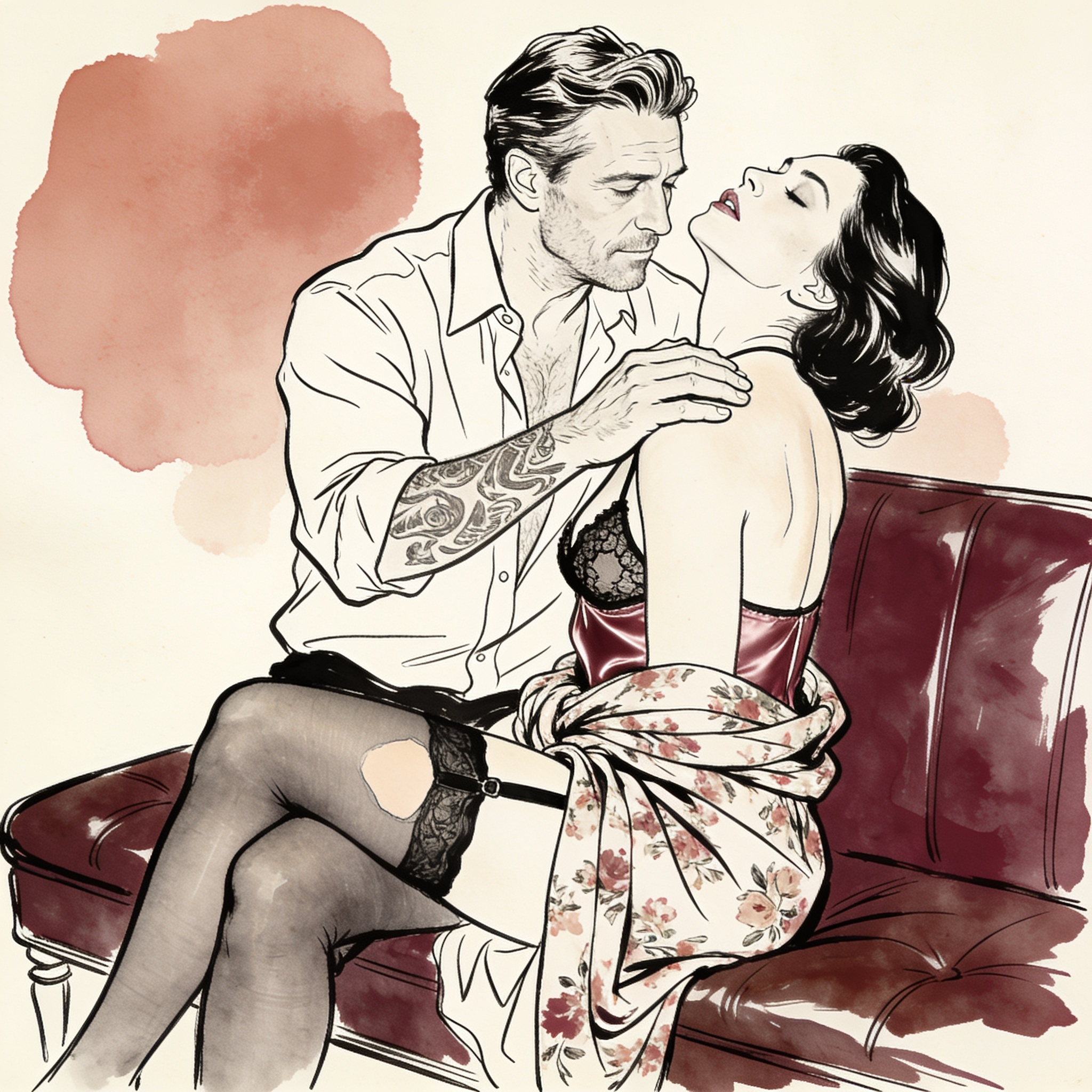A woman leans back as a man's hand rests on her shoulder, her dress rucked up, in a dim...