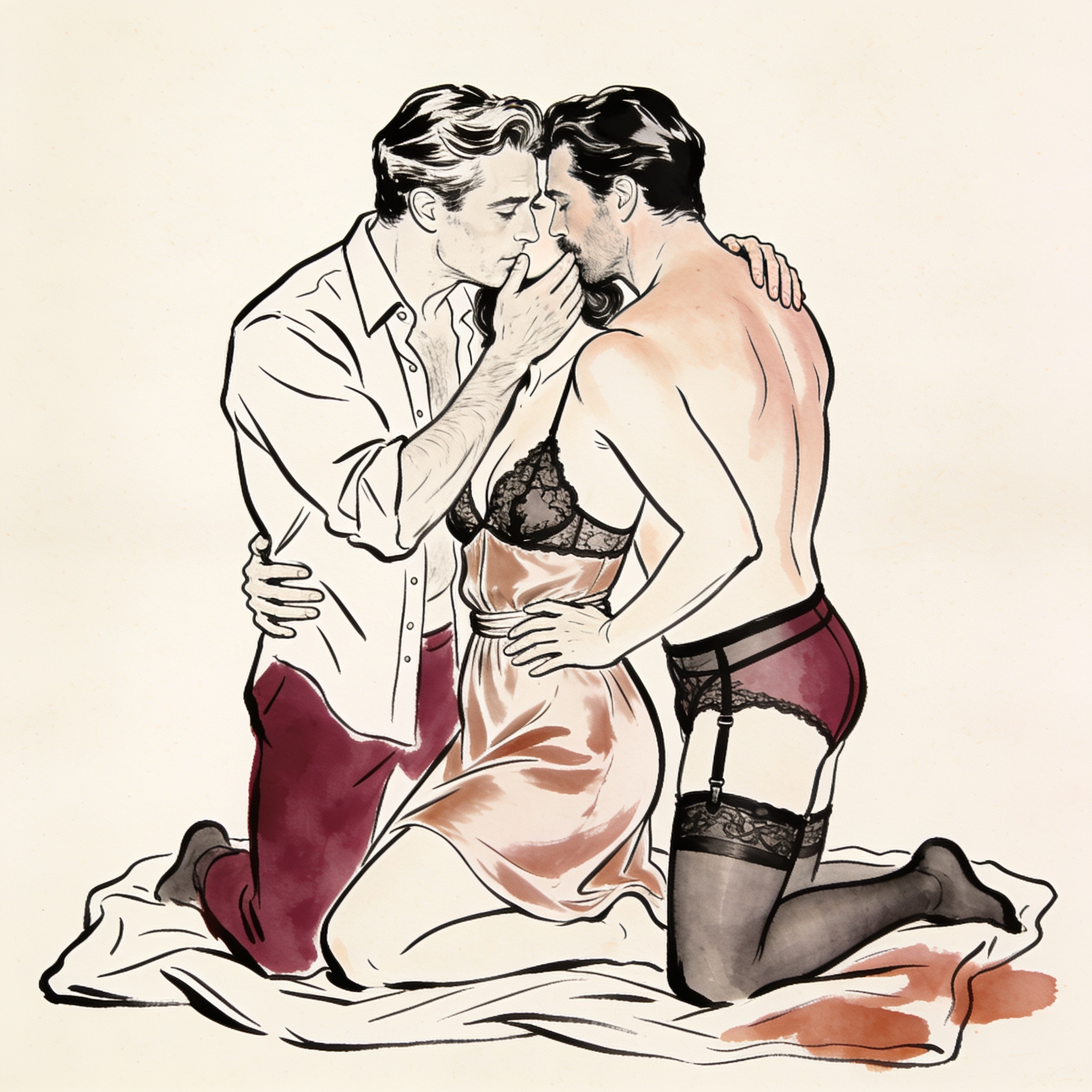 A woman kneels between two men by a fire, her dress fallen to her waist as one kisses h...