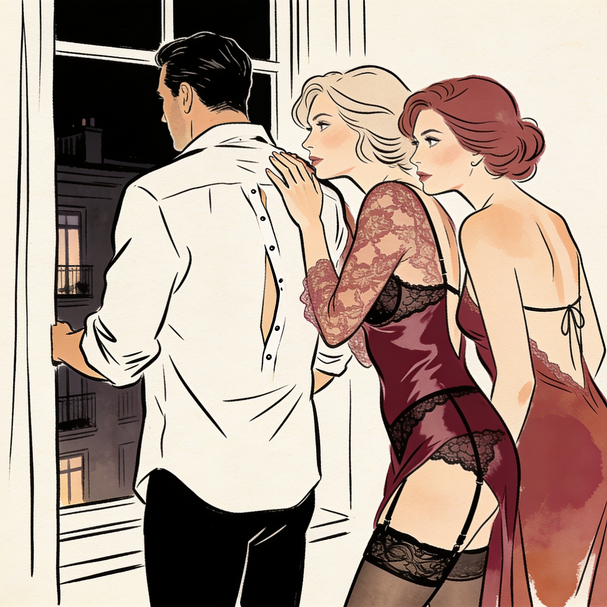 Two women in lace lingerie approach a man silhouetted against a city window.