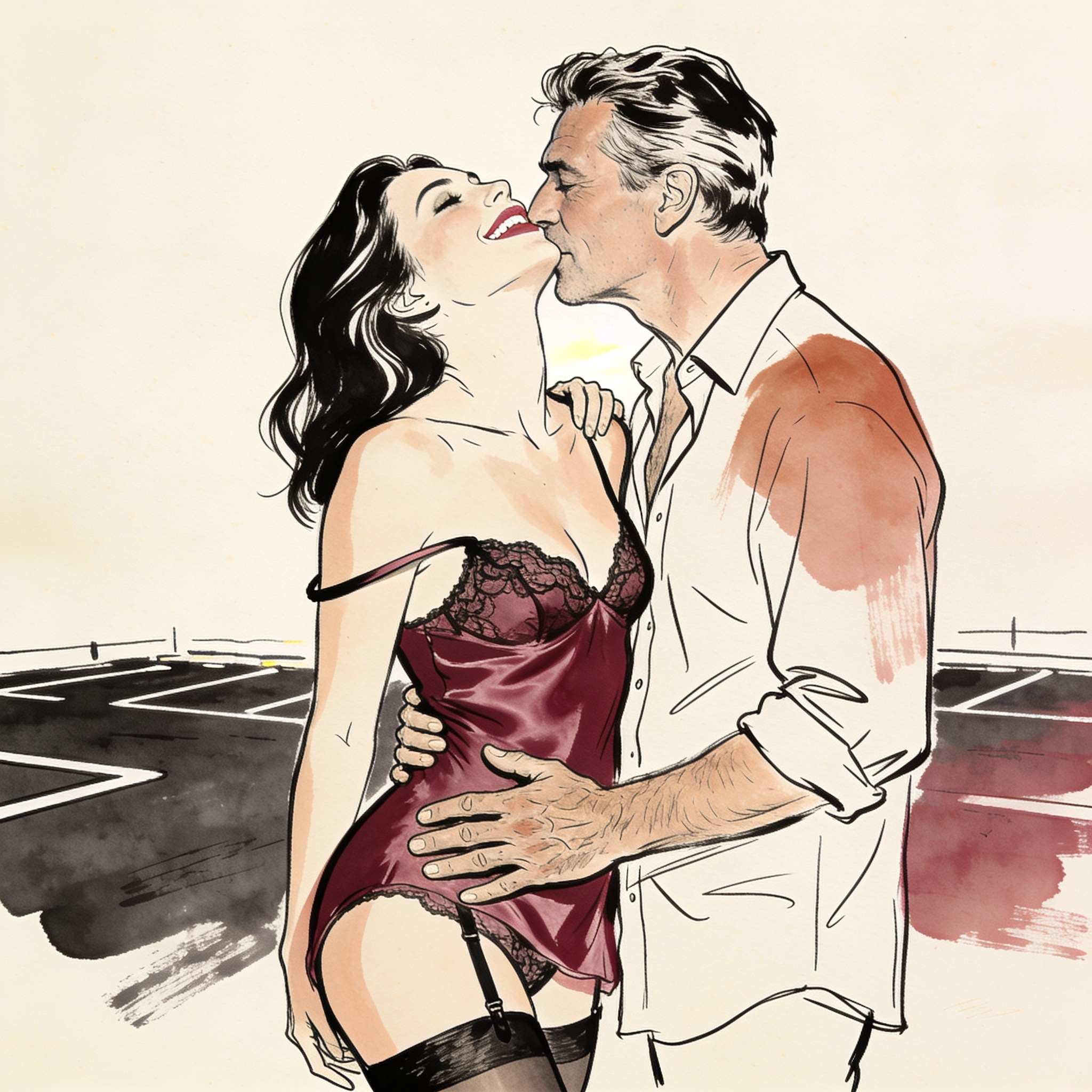 A man and woman share an intimate, charged moment near a car in an empty parking lot.