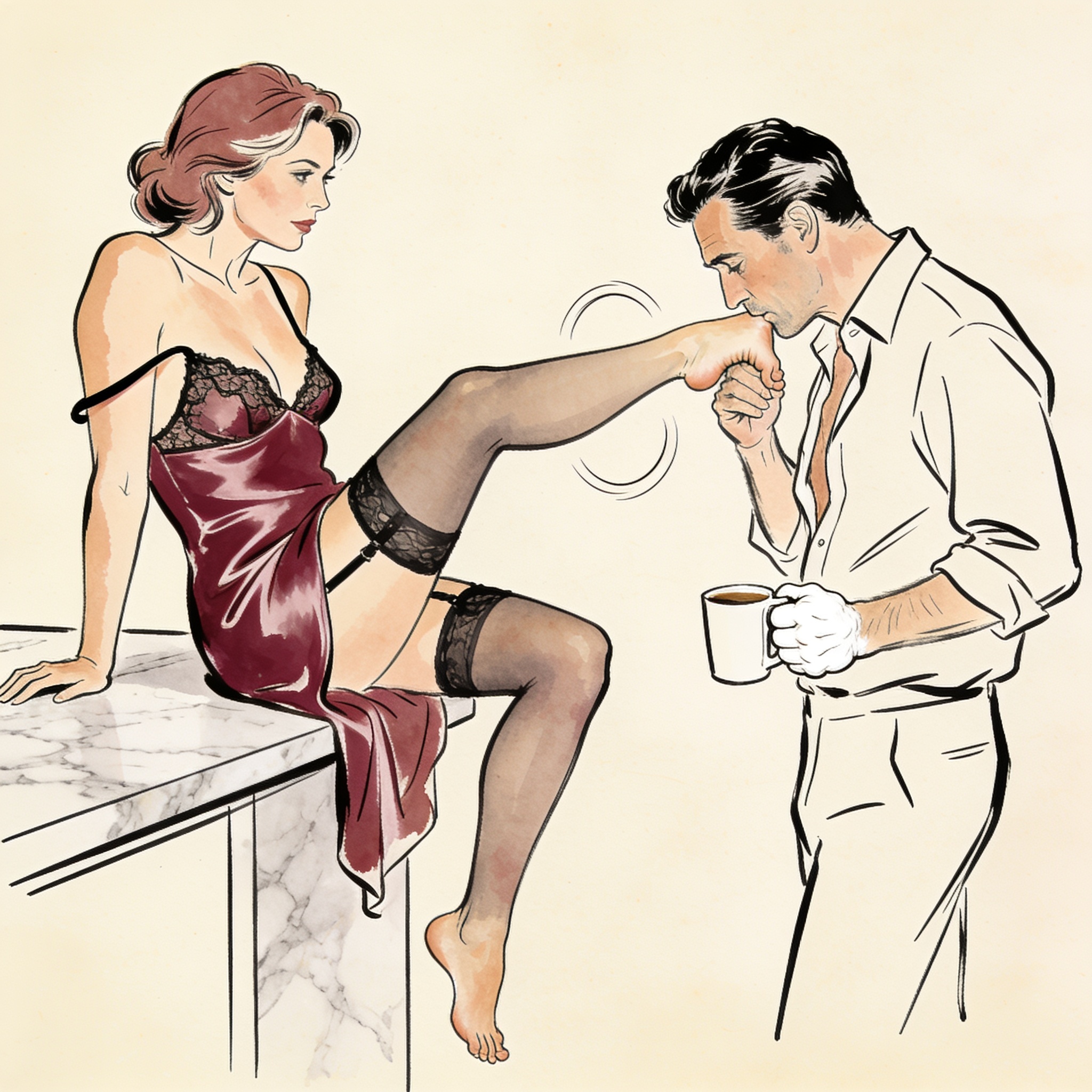 A woman extends her bare foot as a man watches, tension palpable in the morning-lit kit...