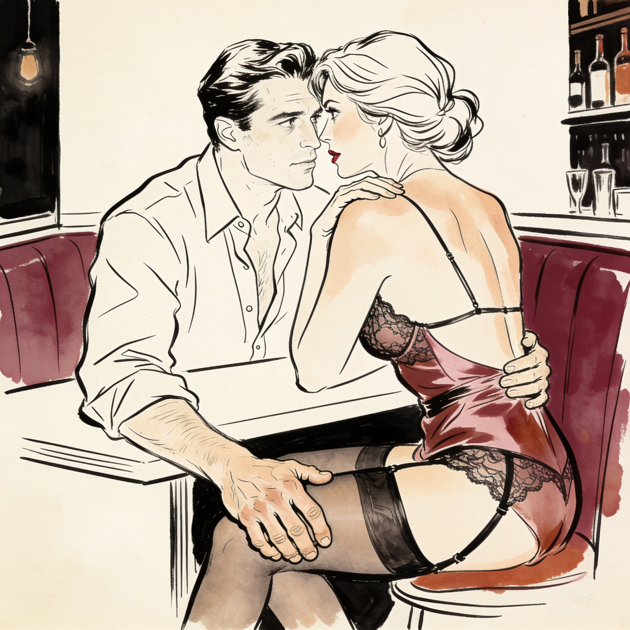 A man's hand on a woman's thigh as she looks longingly at another man in a bar.