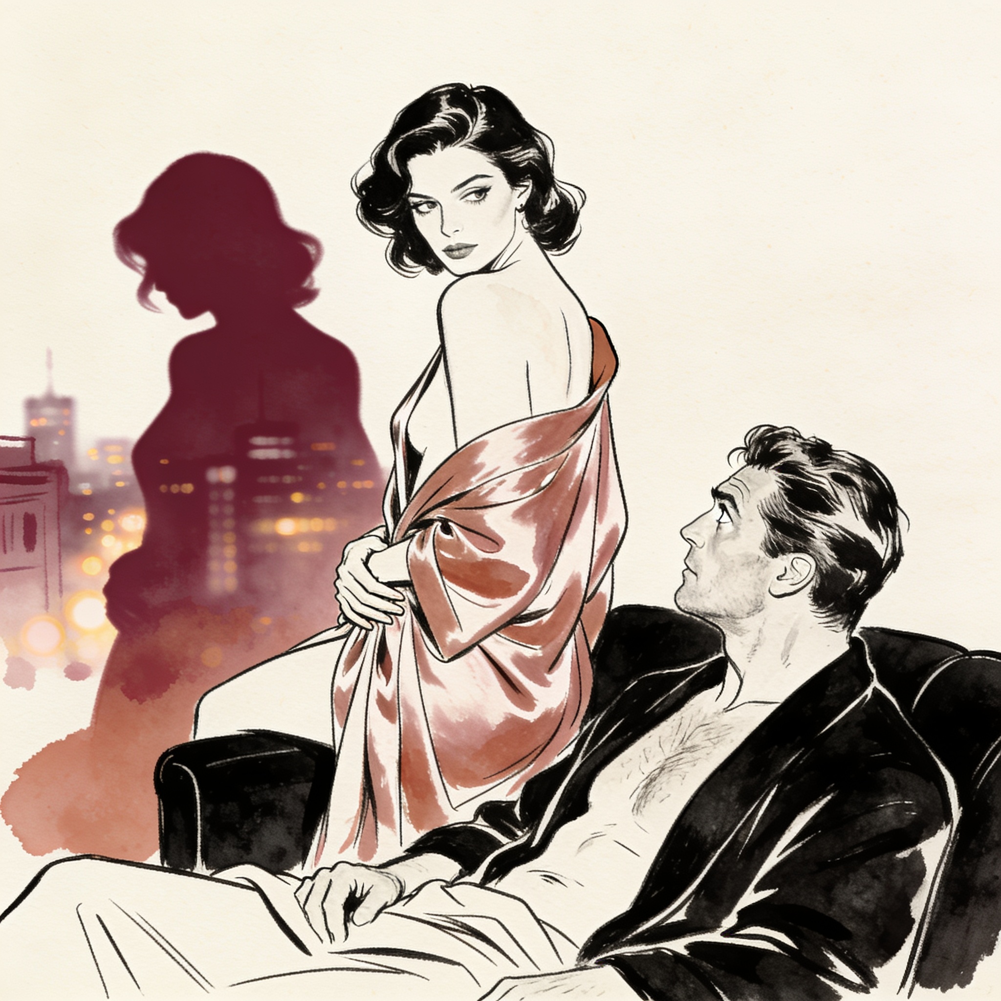 A woman in a silk robe stands before a cityscape, a man watches her intently from a dar...
