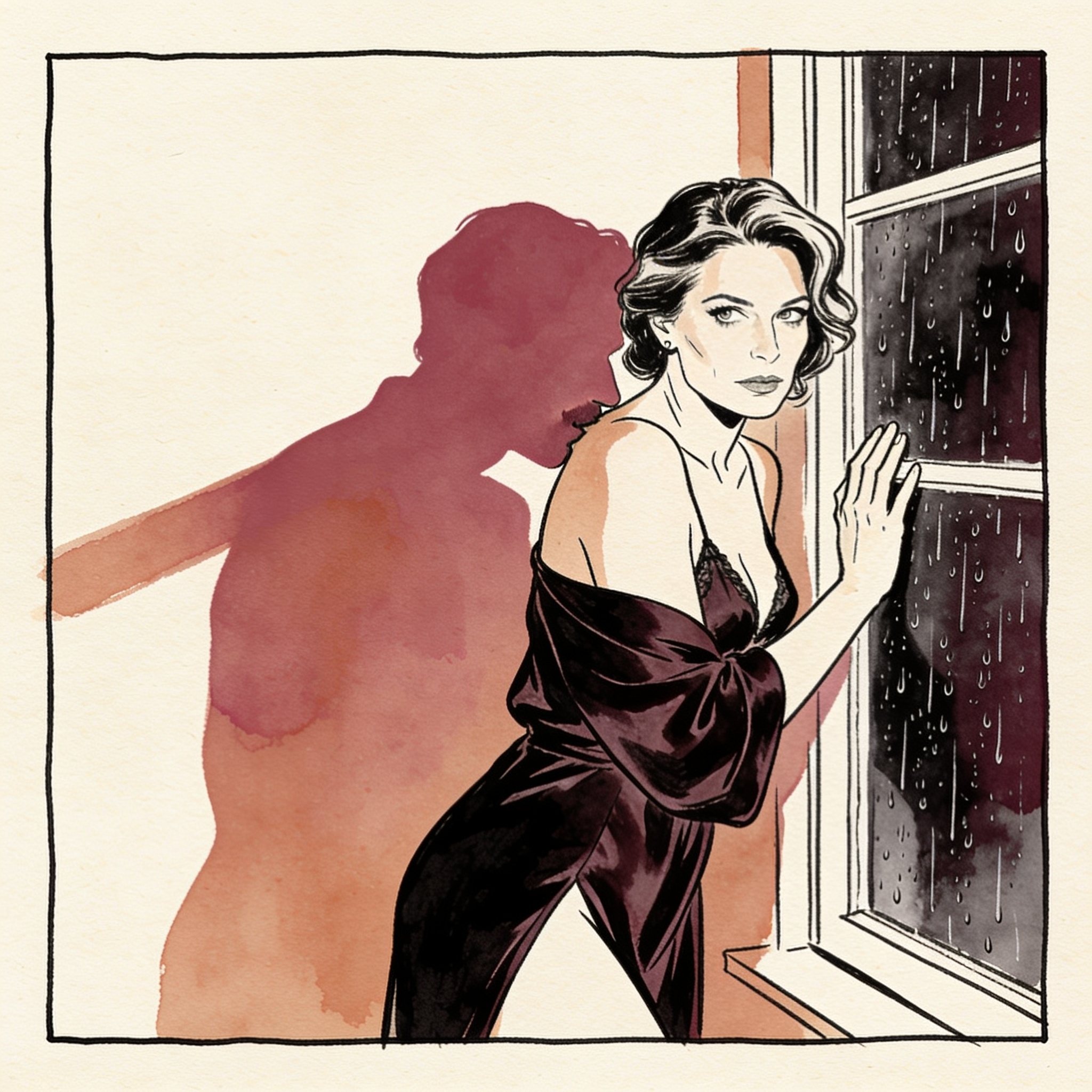 A woman in a slip looks out a rainy window as a man kisses her shoulder.