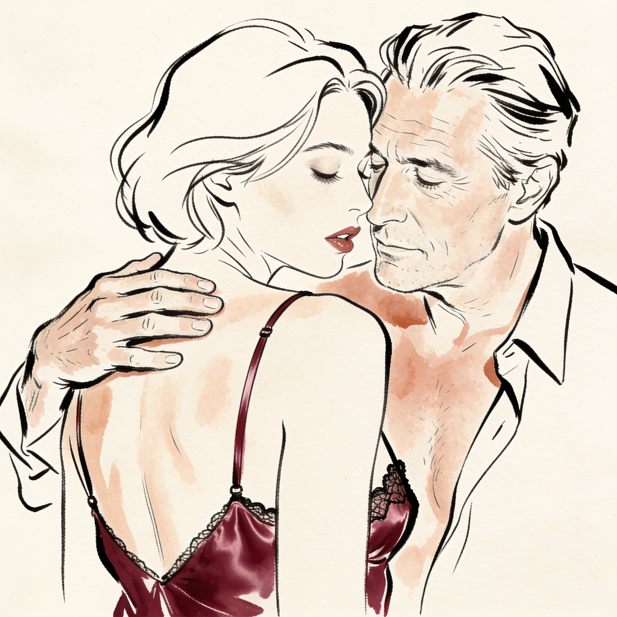 A man's hand rests on a woman's shoulder, bodies close, anticipation in the air.