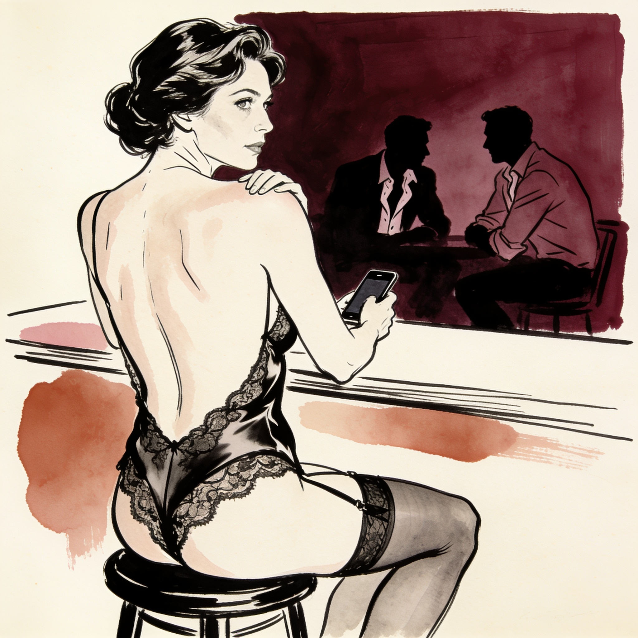 A woman glances back at two strangers across a dim hotel bar, her back exposed.