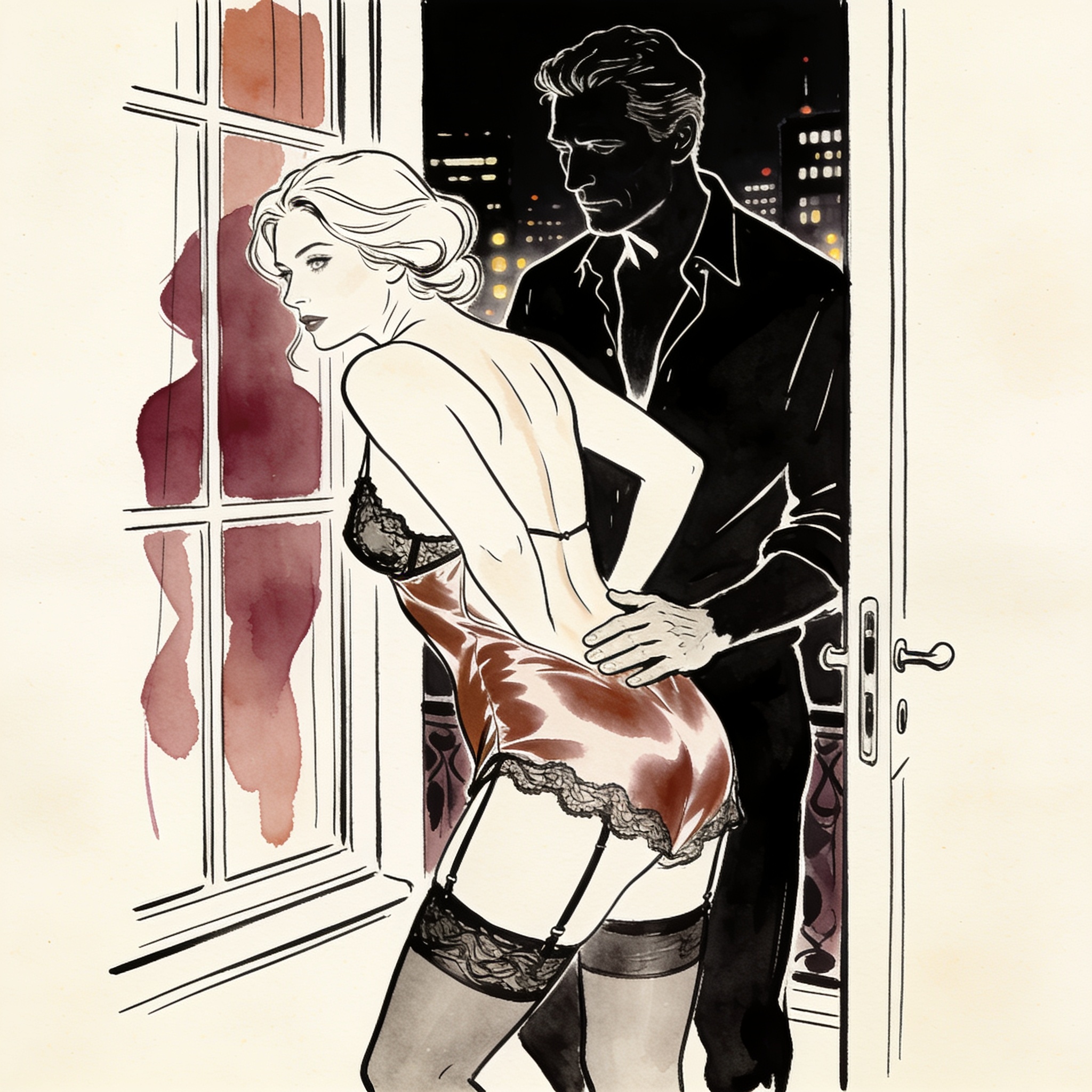 A man in a doorway watches a couple share an intimate moment in a luxurious hotel room.