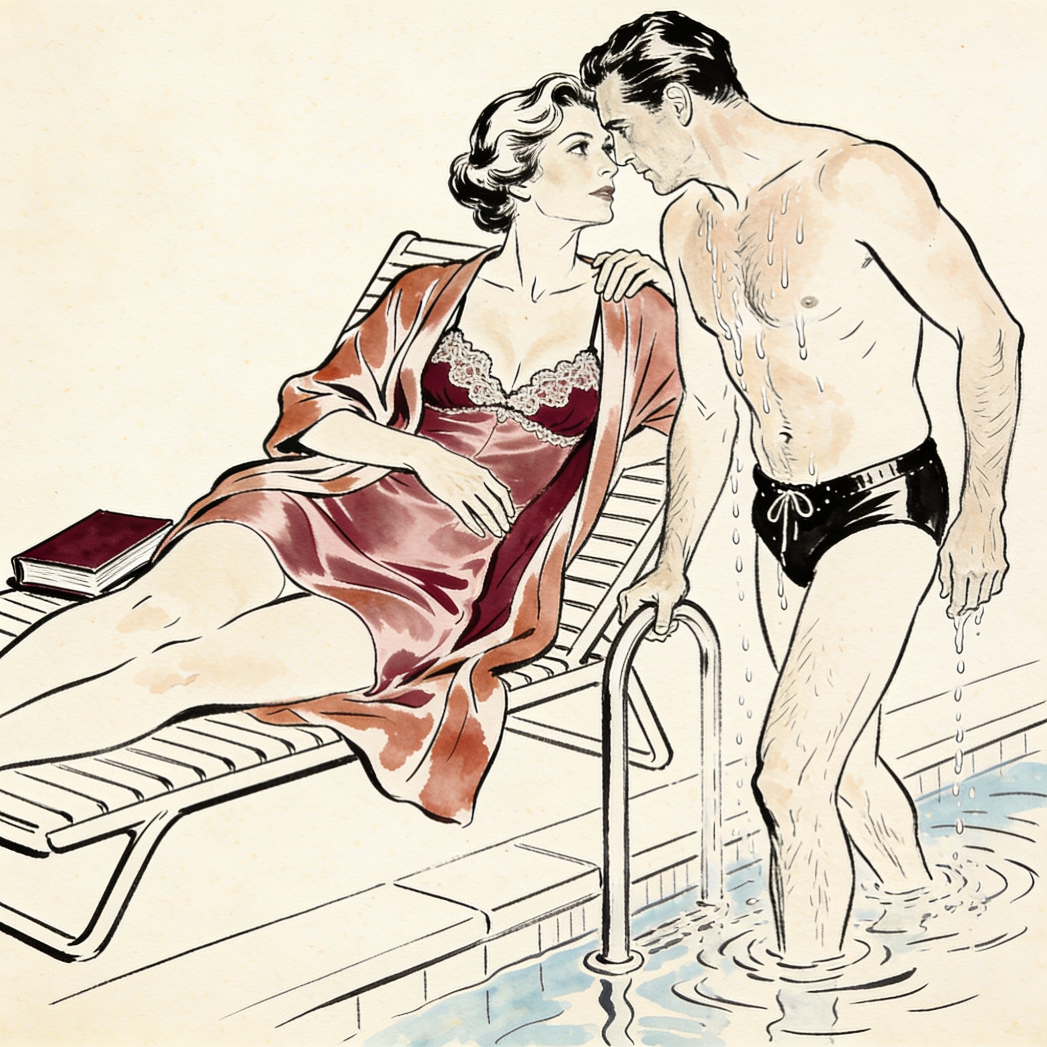 A woman watches a man emerge from a pool, desire in her gaze.