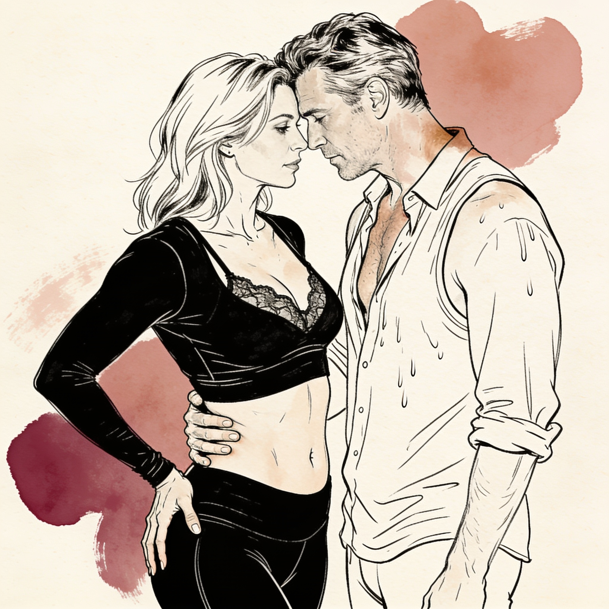 Two people in gym clothes share an intimate, longing gaze in a supermarket aisle.