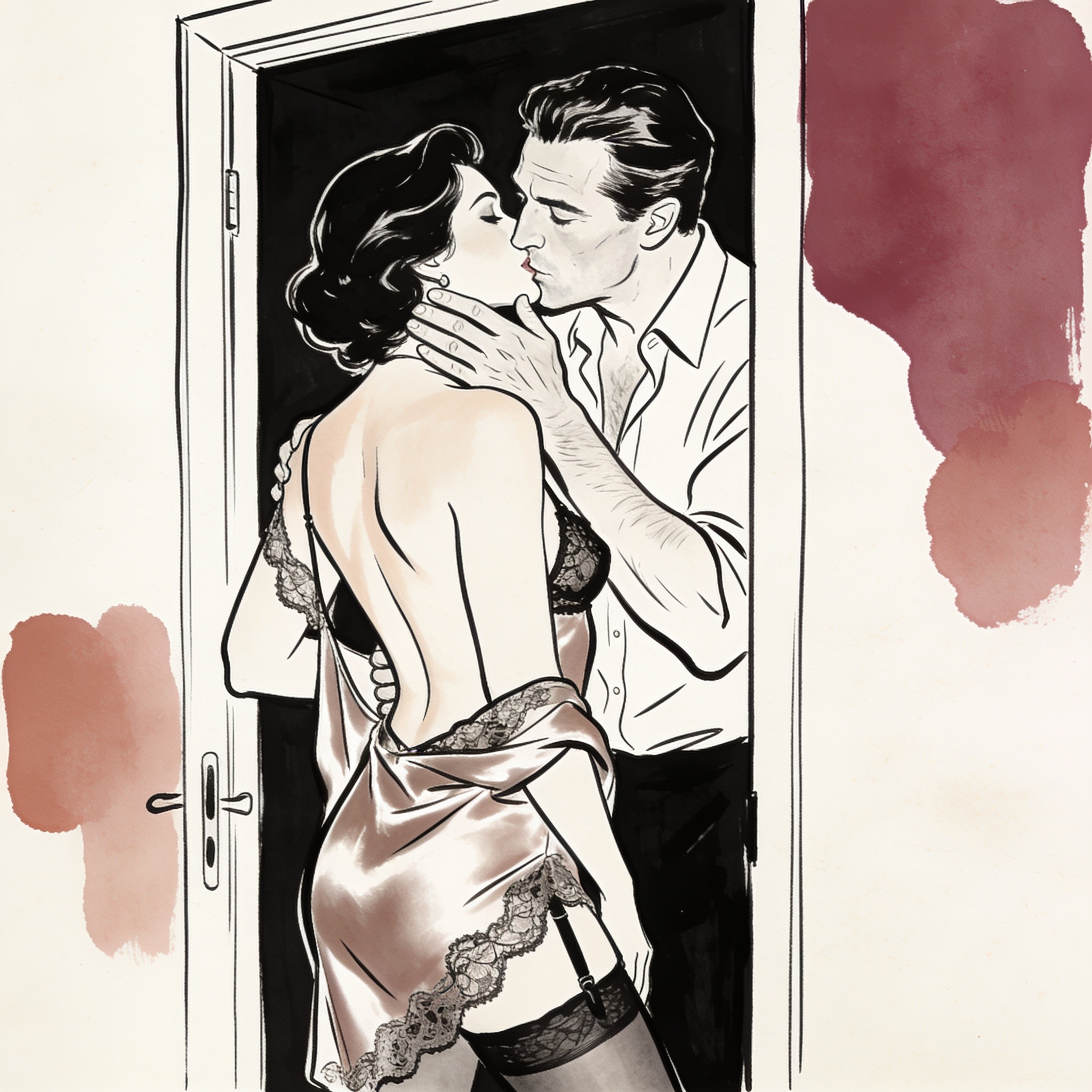 Couple in doorway, her lace slip falling off her shoulder as he cradles her jaw from be...