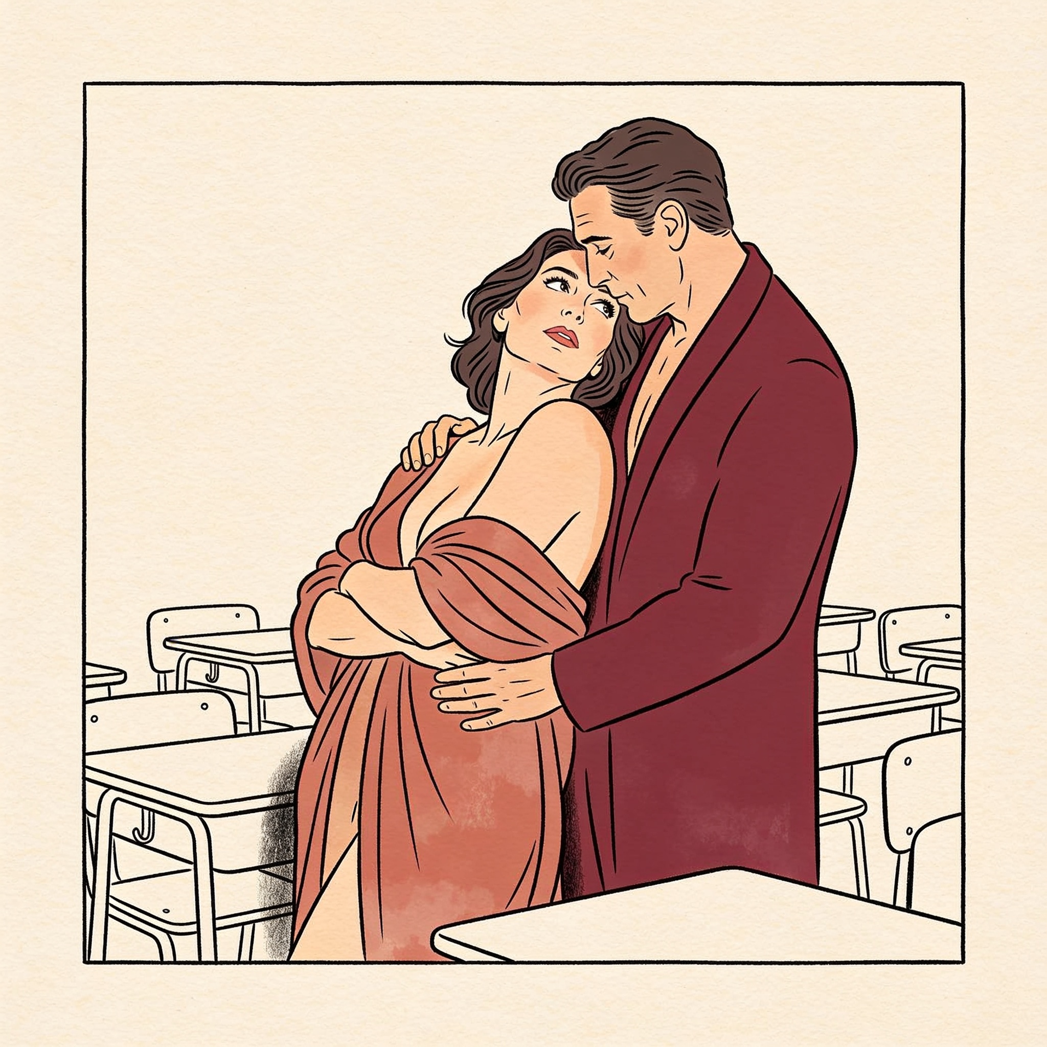 A teacher leans against her desk, her slow, suggestive gaze traveling toward a student.