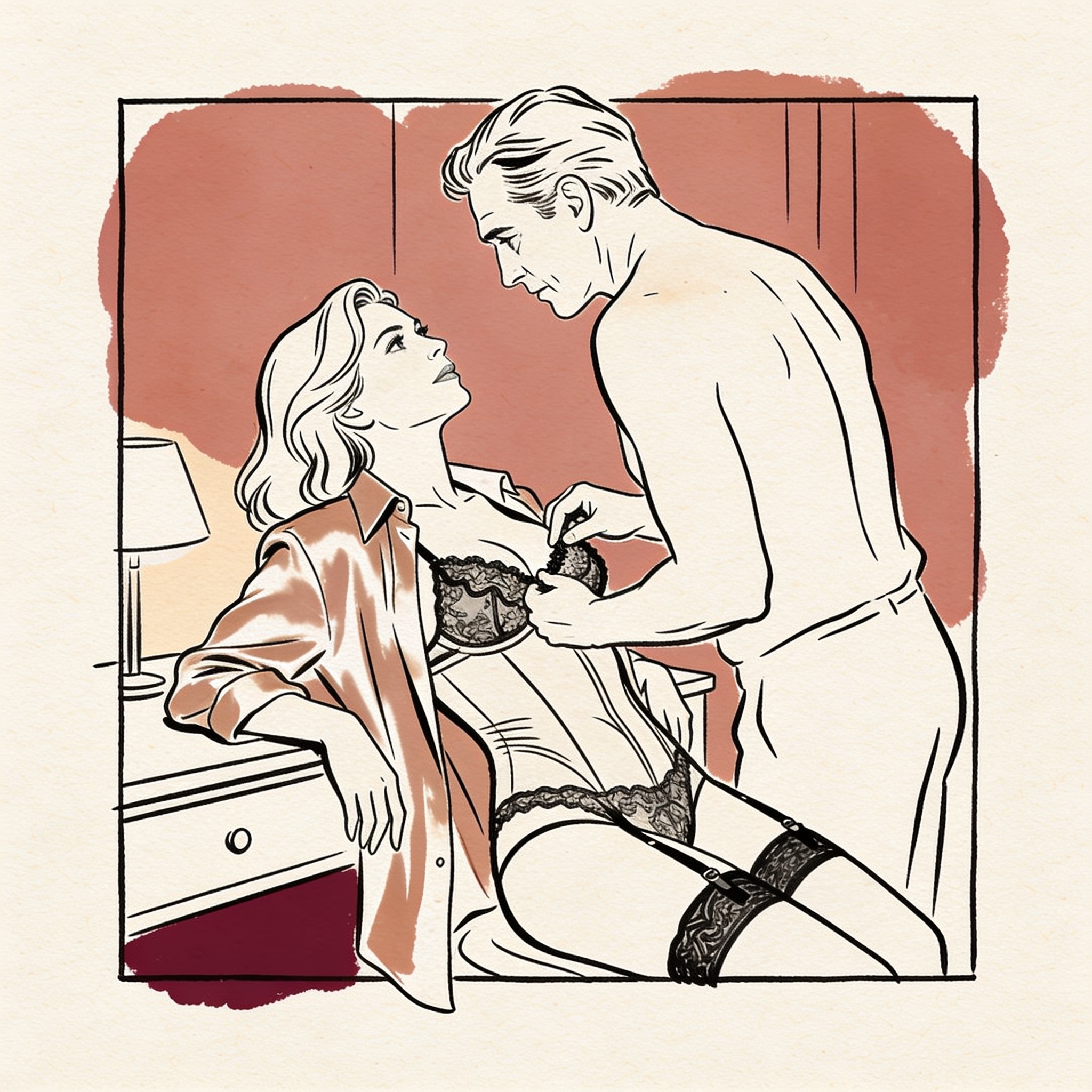 A teacher and student stand close after class, her blouse unbuttoned, his hand near her...