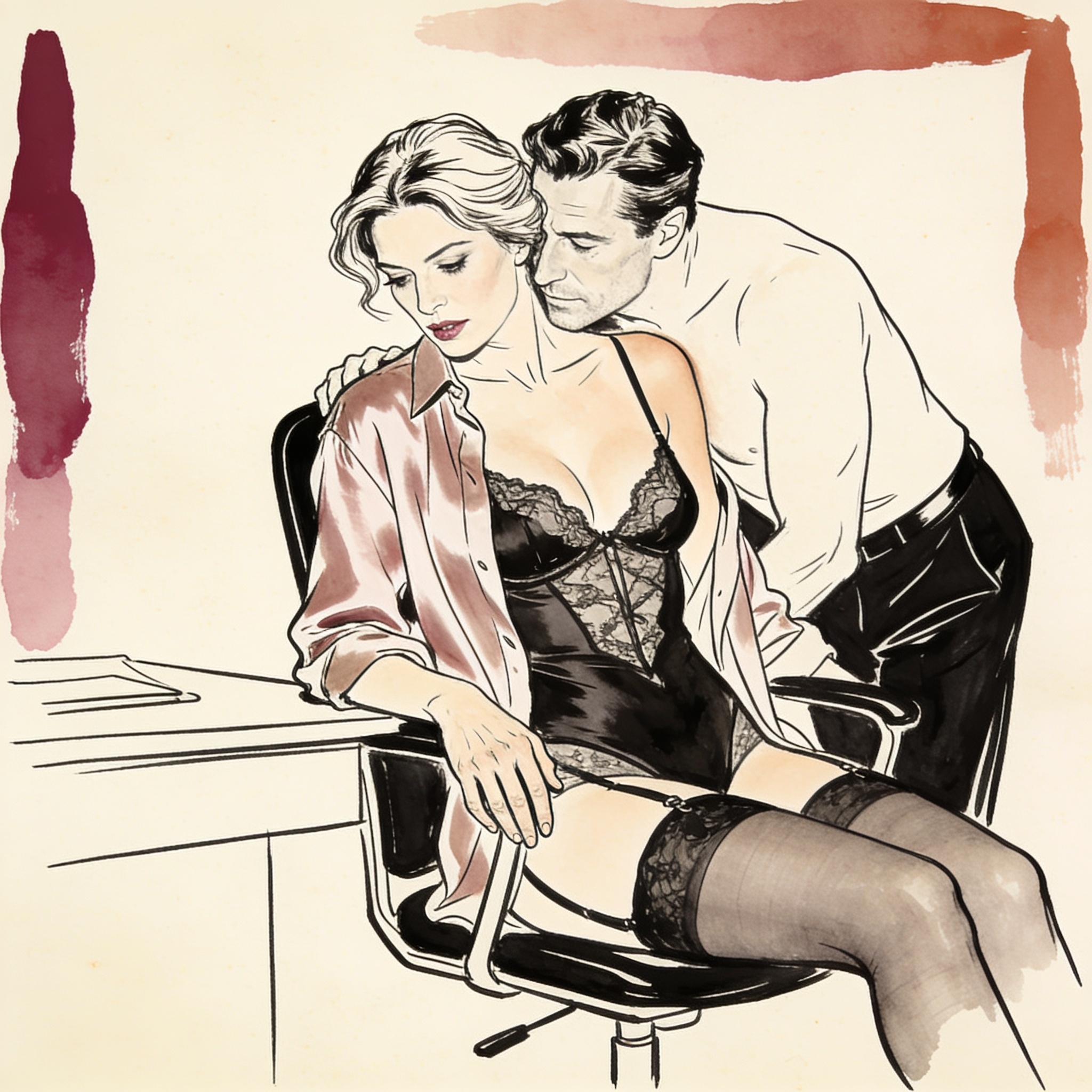 Line art of a woman at a desk, a man leaning close behind her, a moment of charged tens...