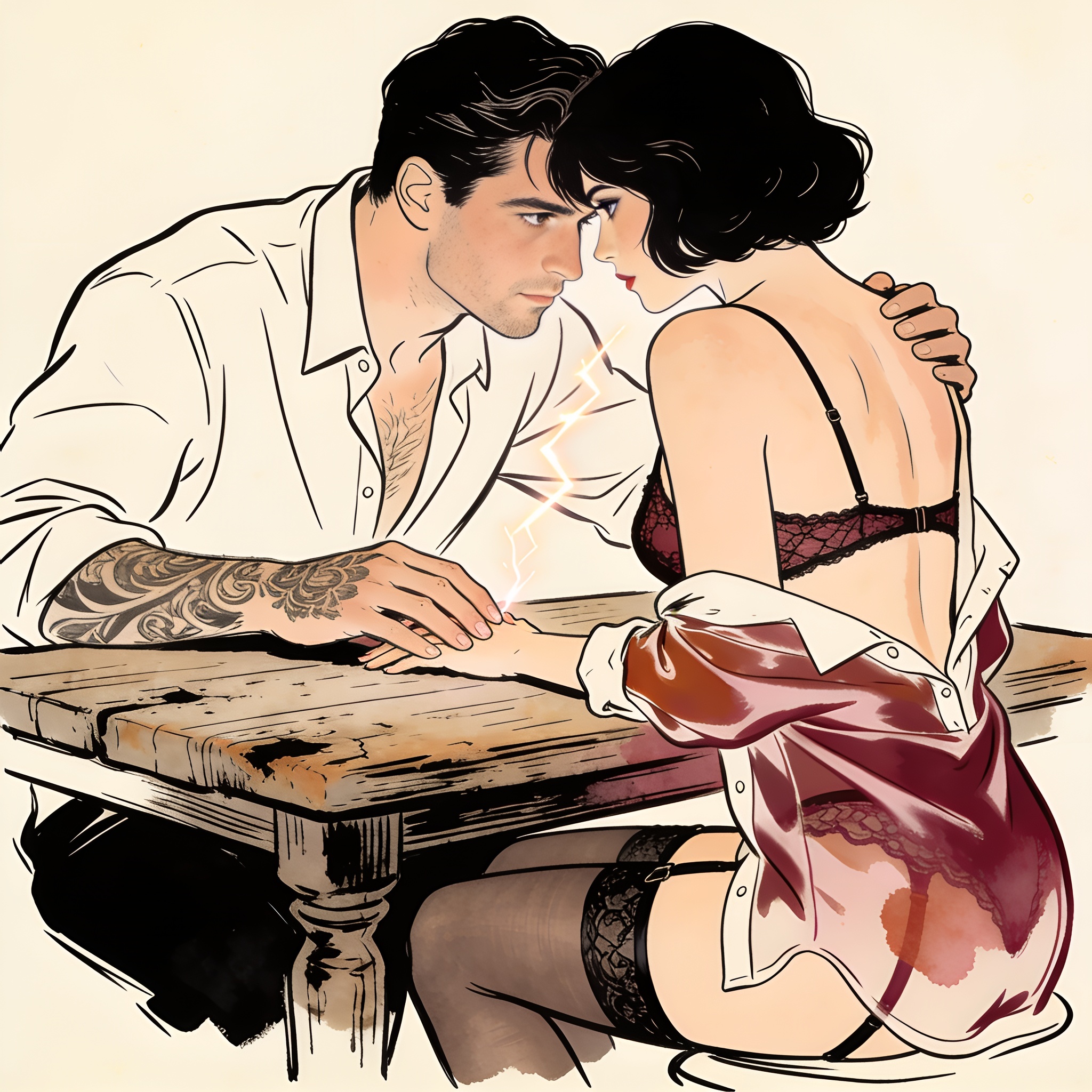 Line art of a man and woman locked in a tense, longing gaze across a small table, hands...