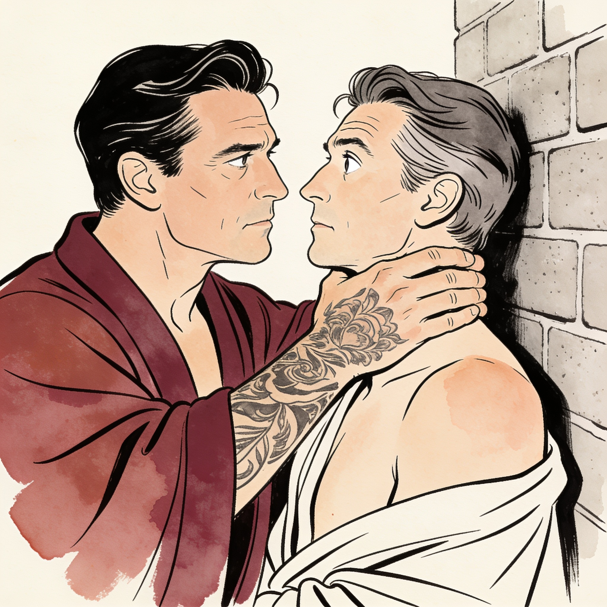 A man with tattoos grips another's throat against a prison wall, faces close in tense i...