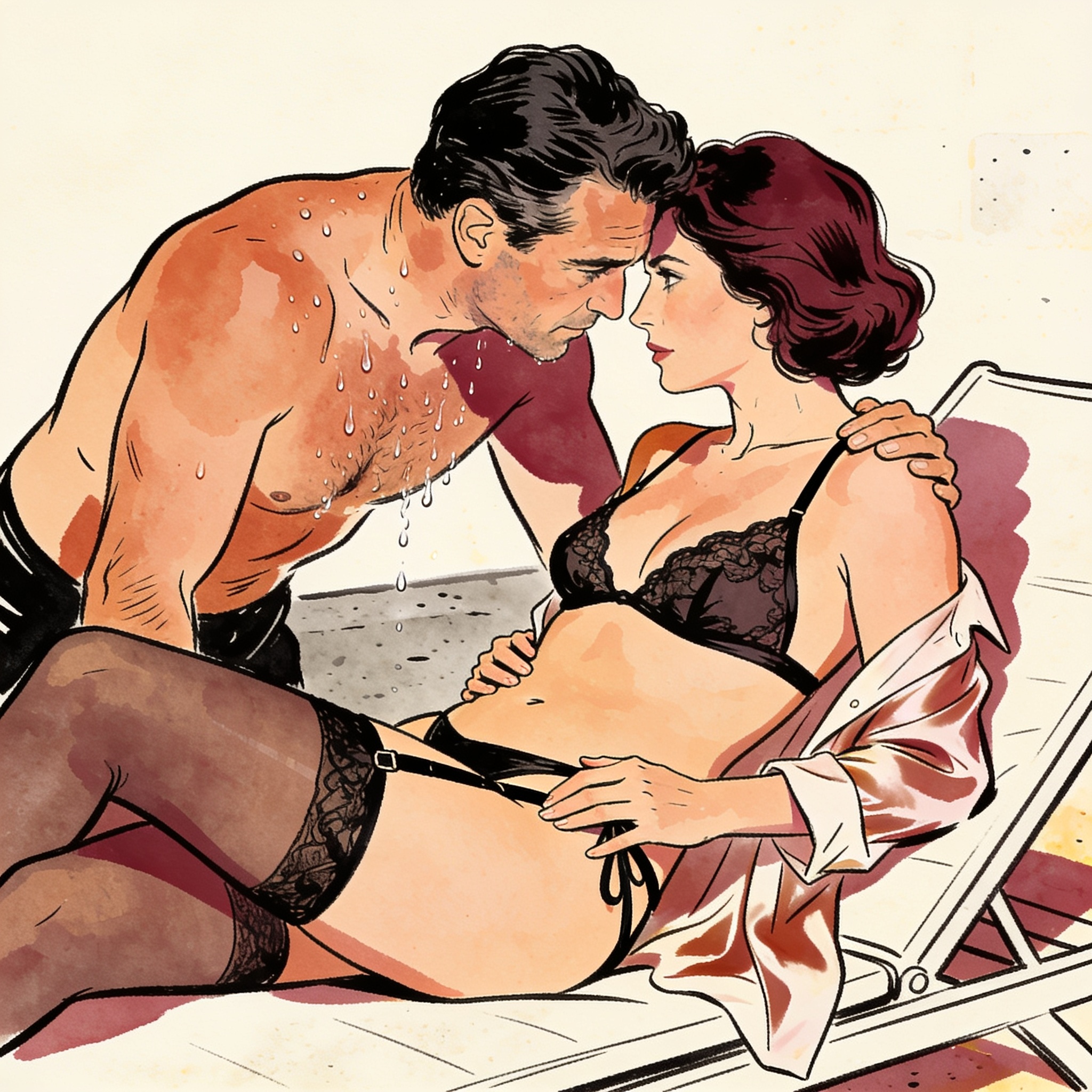 A man and woman share an intense, charged gaze by a sunlit pool.