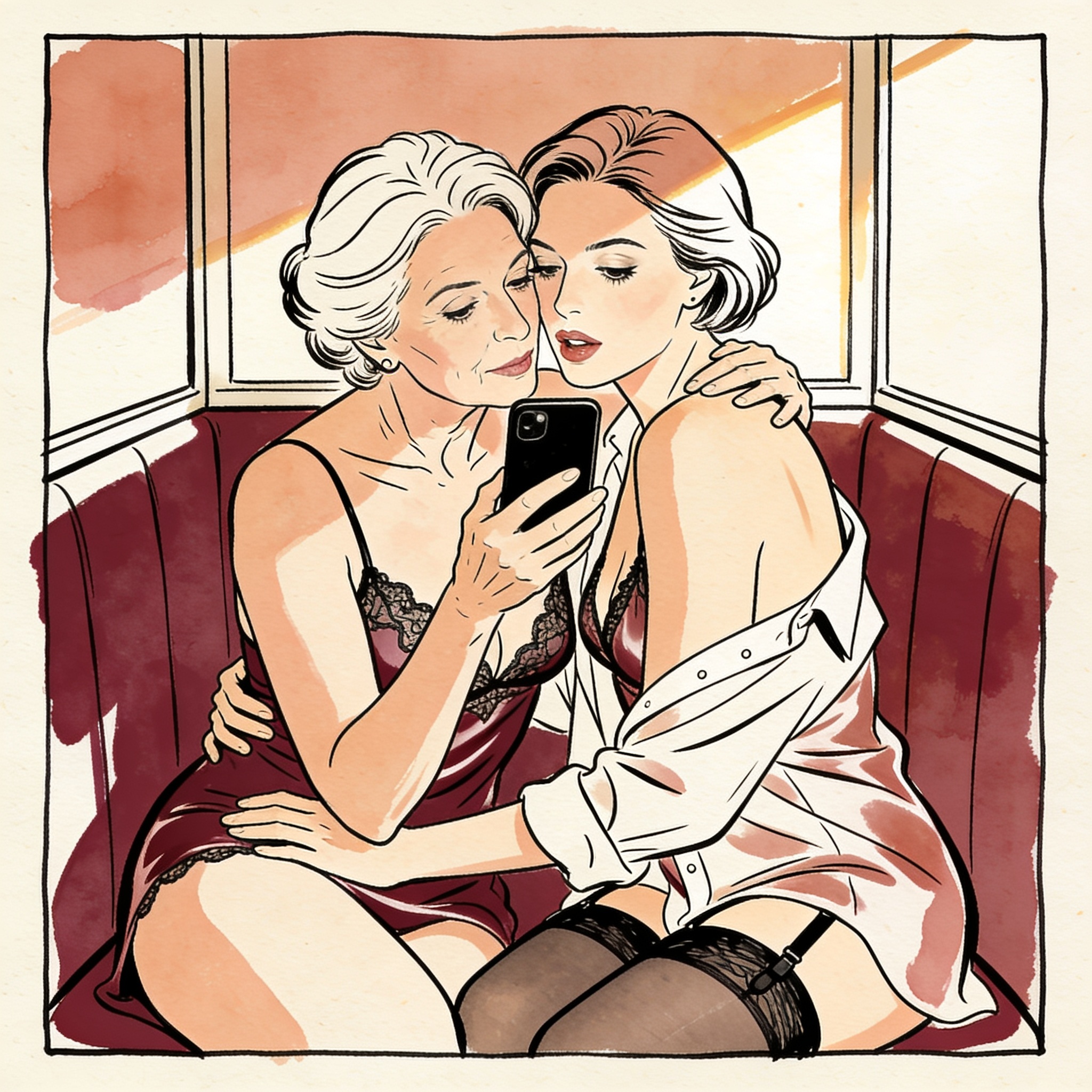 Two women lean close over a phone in a sunlit restaurant booth, sharing a private, char...