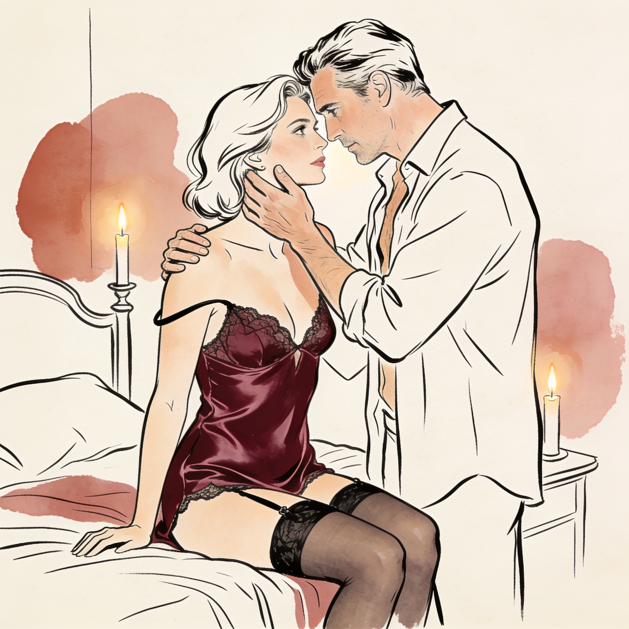 A couple shares a tender, intimate moment in a candlelit bedroom, foreheads touching.