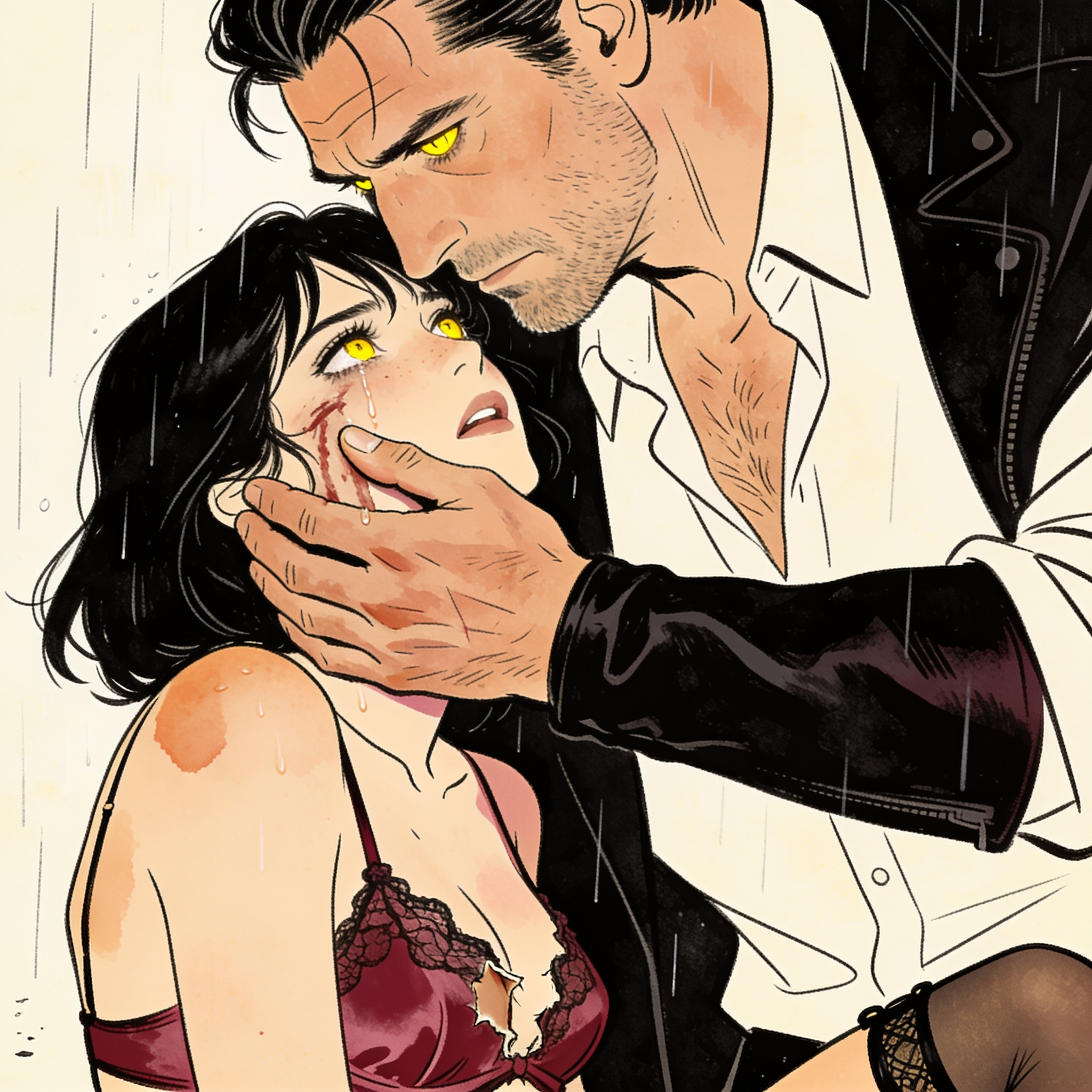 A large man gently touches a crying woman's face in a rainy alley, their eyes locked.