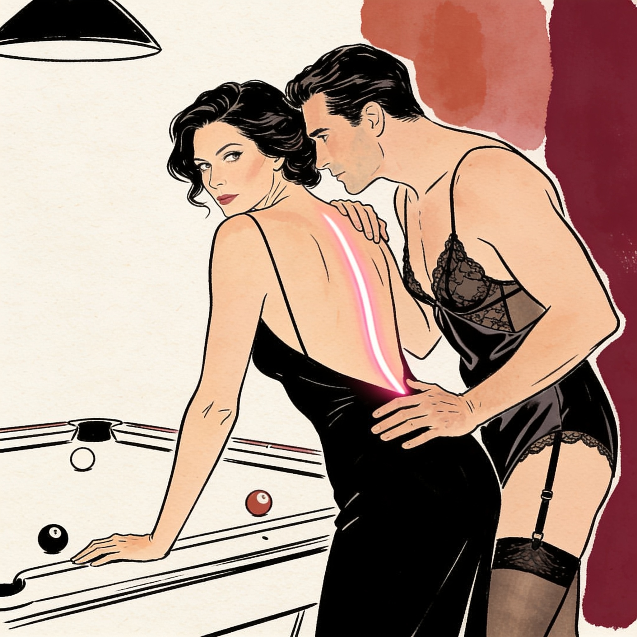 A woman in a slip dress leans over a pool table, sharing a charged gaze with a watching...