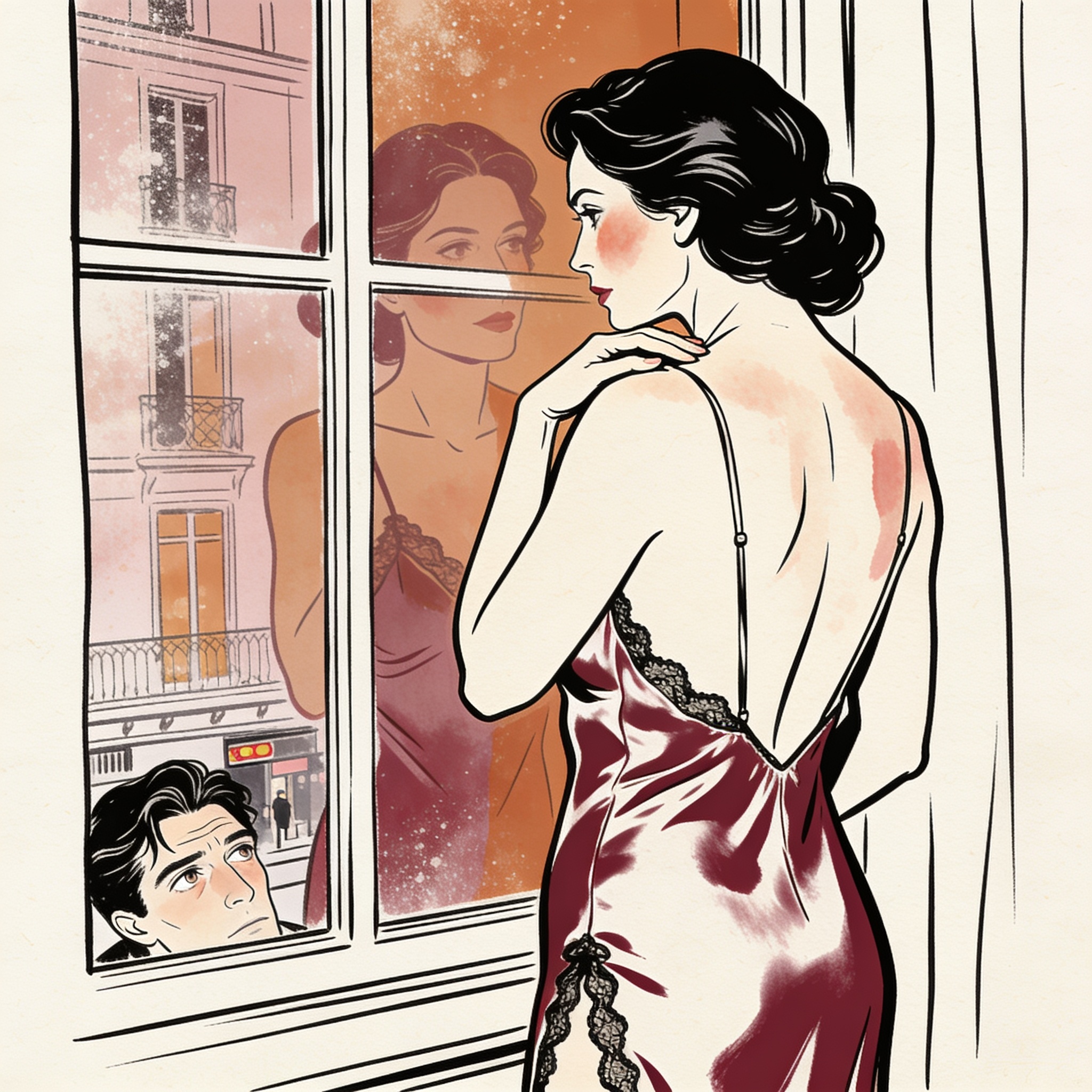 A woman in a silk slip leans against a sunlit window, her reflection meeting an unseen ...